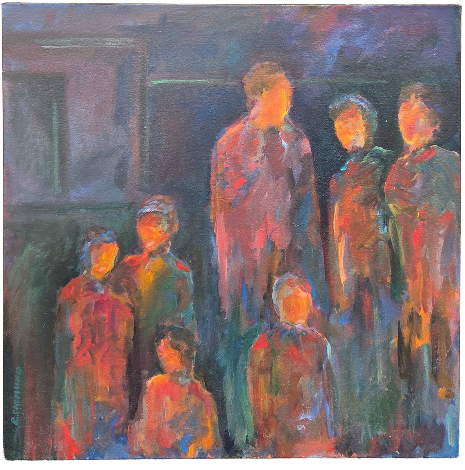 Richard T Sigmund Signed Family Affair Acrylic on Canvas 36 X 36 inches: Richard T Sigmund Signed Family Affair Acrylic on Canvas 36 X 36 inches. PLEASE SEE SHIPPING BELOW. Unframed. Signed vertical R. Sigmund lower left. Inscribed canvas verso.Provenance: Property of a fa
