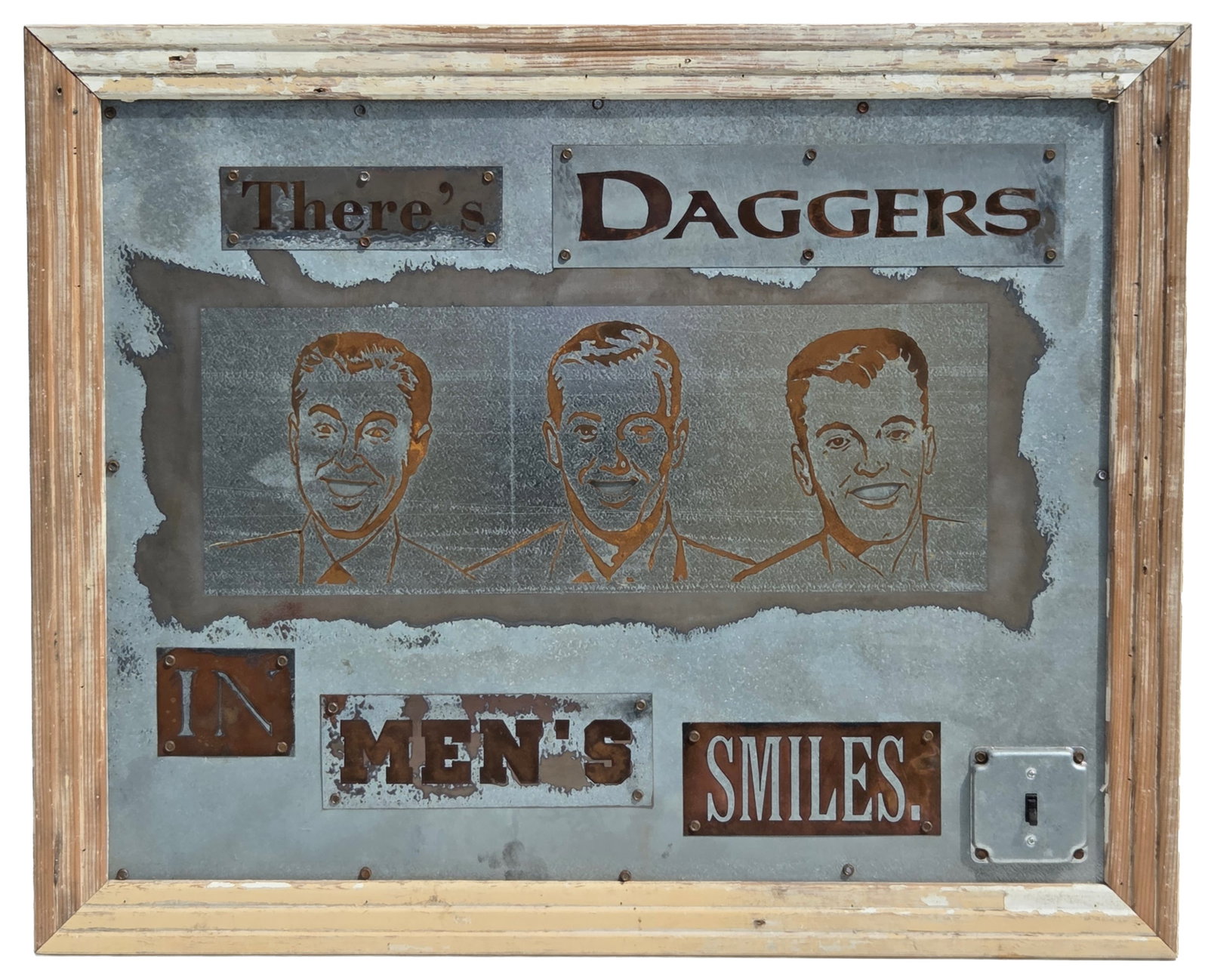 Frank Strunk III Heavy Kinetic Metal Mixed Media 2004 Theres Daggers in Mens Smiles 33 X 40.5 X 3.75: Frank Strunk III Heavy Kinetic Metal Mixed Media 2004 Theres Daggers in Mens Smiles Frame measures 33 X 40.5 X 3.75 inches. PLEASE SEE SHIPPING BELOW. Visible Site Line measures 27.75 X 35 inches. Sig