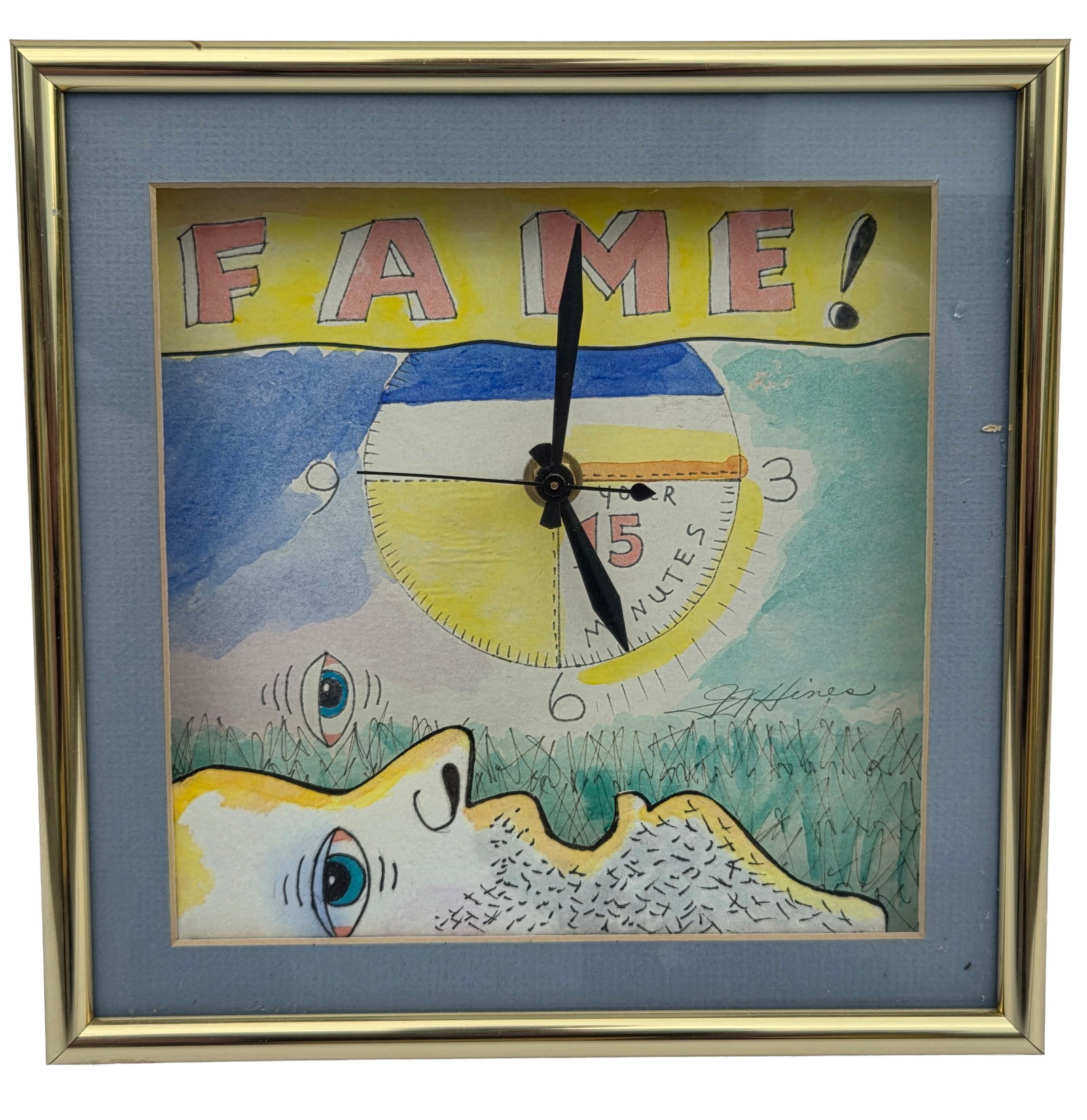 JJ Hines Your 15 Minutes of Fame Handpainted Watercolor Clock: JJ Hines Your 15 Minutes of Fame Handpainted Watercolor Clock. Visible site line measures 7.5 X 7.5 inches. Frame measures 10.25 X 10.25 X 1.5 inches. Signed lower center right. Provenance: Property o