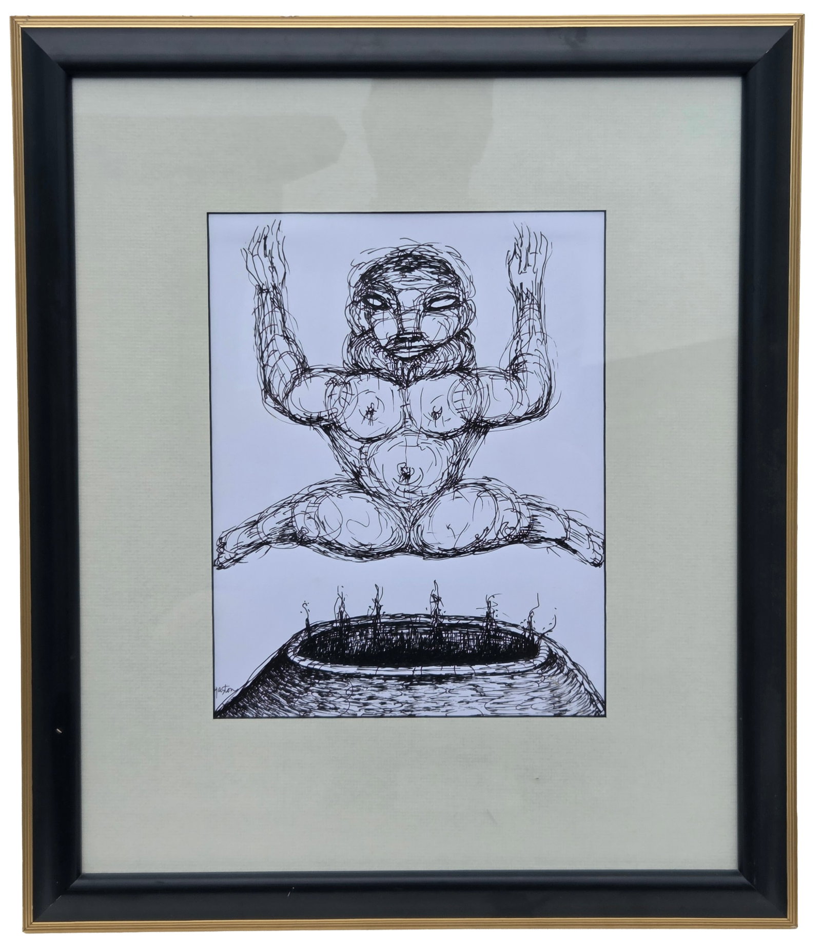 Gaston Nude Figure Over Cauldron Drawing Painting: Gaston Nude Figure Over Cauldron Drawing Painting. Visible site line measures 11.25 X 8.75 inches. Frame measures 20.5 X 17.25 X 0.25 inches. Signed lower left.Provenance: Property of a family trust o