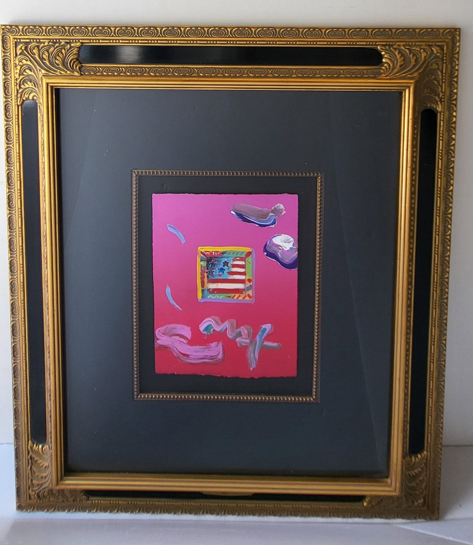 Peter Max Acrylic Mixed Media Flag Signed Stamped 2008 Isen Certificate 8.25 X 11 Inches: Peter Max Acrylic Mixed Media Flag Signed Stamped 2008 Isen Certificate 8.25 X 11 Inches, 30.5 X 26.5 X 1.25 inches framed, signed lower center in paint, this artwork is identified as an original acry