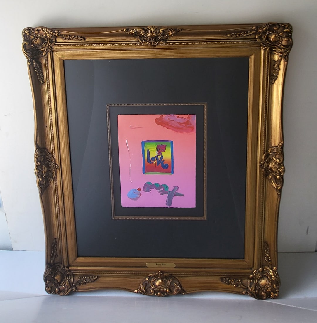 Peter Max Acrylic Mixed Media Love II Signed Stamped 2008 Isen Certificate 8.25 X 11 Inches: Peter Max Acrylic Mixed Media Love II Signed Stamped 2008 Isen Certificate 8.25 X 11 Inches, 30.5 X 27 X 2 inches framed, signed lower center in paint, this artwork is identified as an original acryli