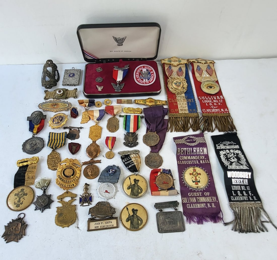 Collection Over 35 Mostly Antique Fraternal Plus Military And Event Pins Metals Ribbons Incl IOOF (1 of 2)