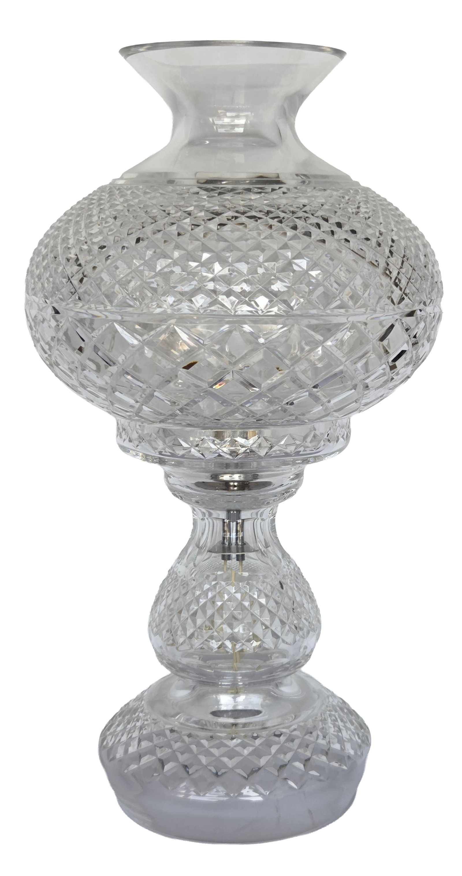 Signed Waterford Inishmore Cut Crystal Glass 2 Piece Electric Hurricane Lamp: Signed Waterford Inishmore Cut Crystal Glass 2 Piece Electric Hurricane Lamp. 18.5 inches total height. Base alone measures 10 inches tall, 6.75 inch diameter. Globe alone measures 9 inches tall, 9.25