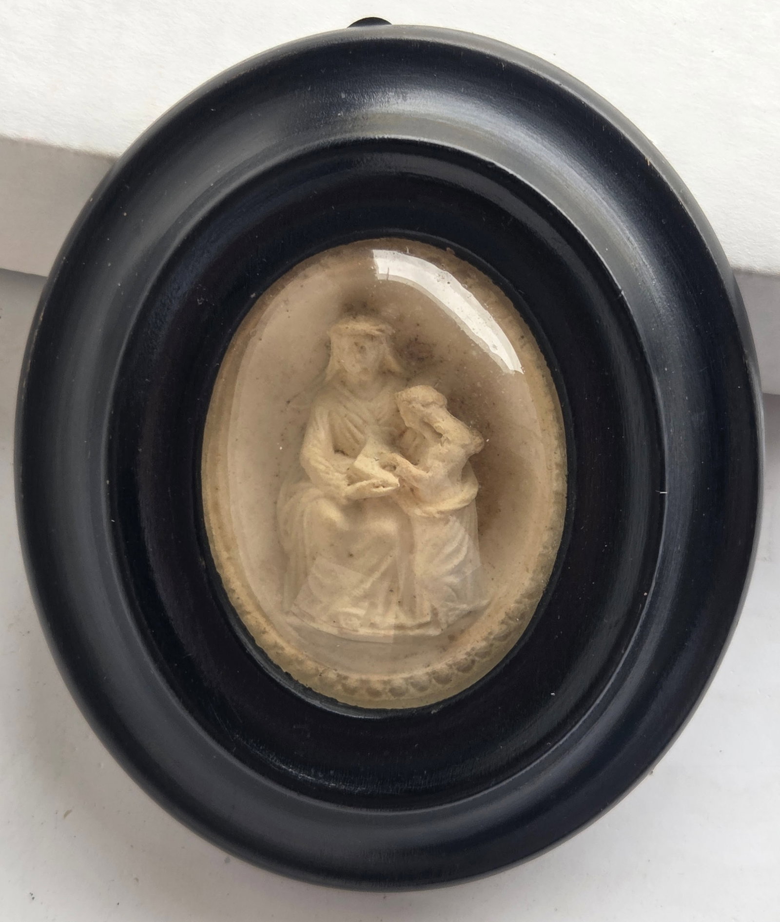 Victorian Plaster Mother Child or Saint Relief Miniature Framed: Victorian Plaster Mother Child or Saint Relief Miniature Framed. Frame measures 4.75 X 3.75 X 1 inch. Provenance: Property of a Florida Gulf Coast funeral industry professional who in their spare time