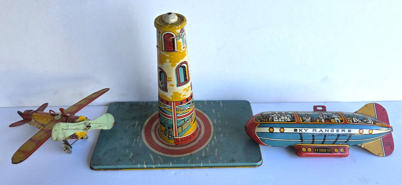 Lot 3 Vintage Tin Litho Toys Including Unique Art Sailor Tower Sky Rangers Blimp Zeppelin Mechanical (1 of 7)