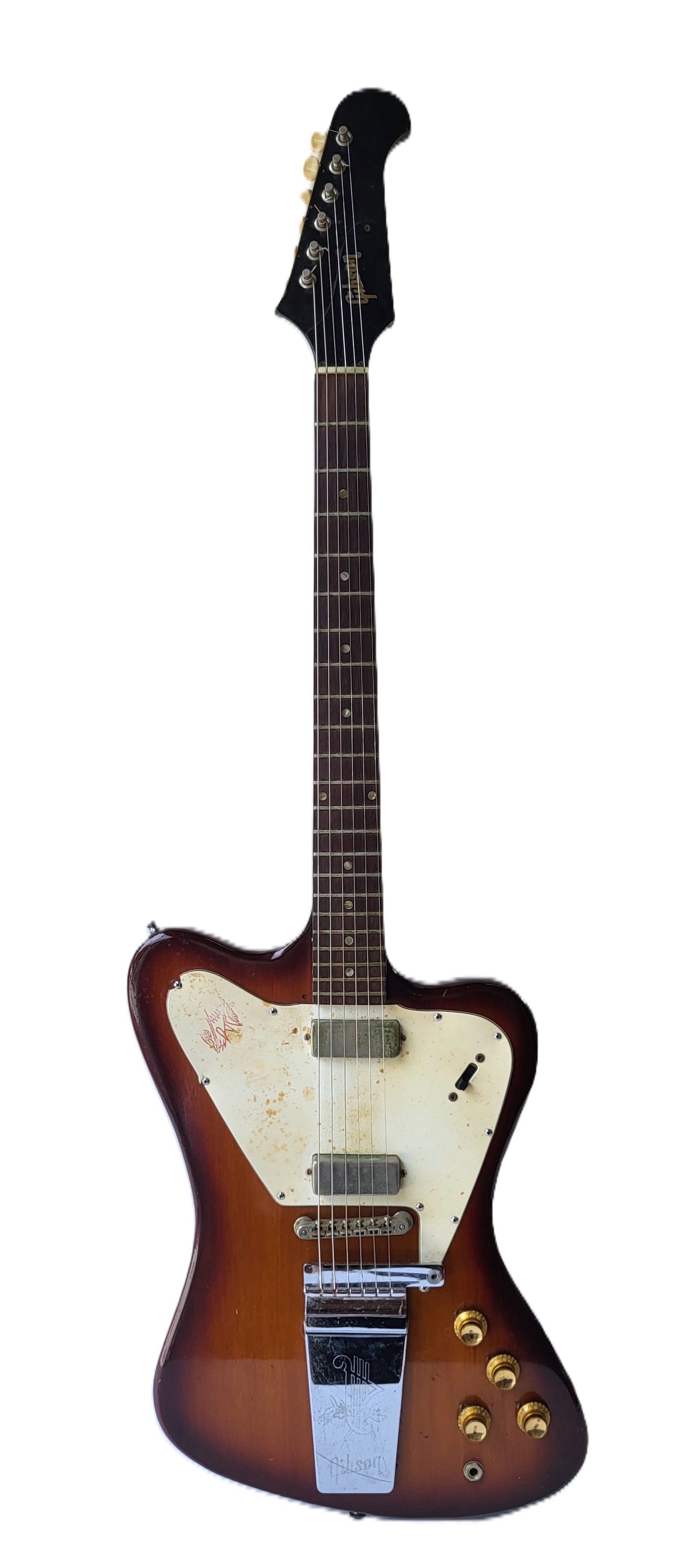 Vintage Gibson Firebird 6 String Electric Guitar FL Collection 1 Of 10: Vintage Gibson Firebird 6 String Electric Guitar FL Collection 1 Of 10, mini humbuckers, 3 ply pick guard with logo, 22 fret rosewood fretboard with MOP dot inlay, knobs are gold color, signed Gibson 