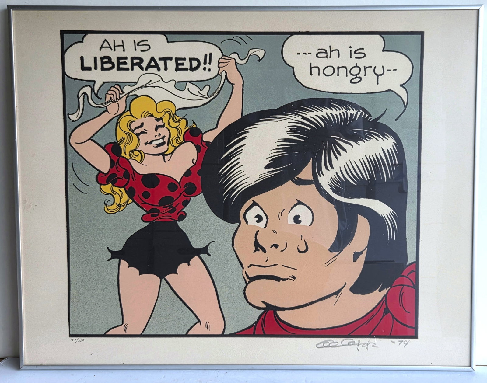 Al Capp Ltd Ed 250 Color Lithograph 1974 Dagwood Blondie Humorous Bra Burning Feminist Content: Al Capp Ltd Ed 250 Color Lithograph 1974 Dagwood Blondie Humorous Bra Burning Feminist Content. Signed lower right, numbered 47/250 lower left, both in margin and in pencil. Plate measures 18.75 X 21.