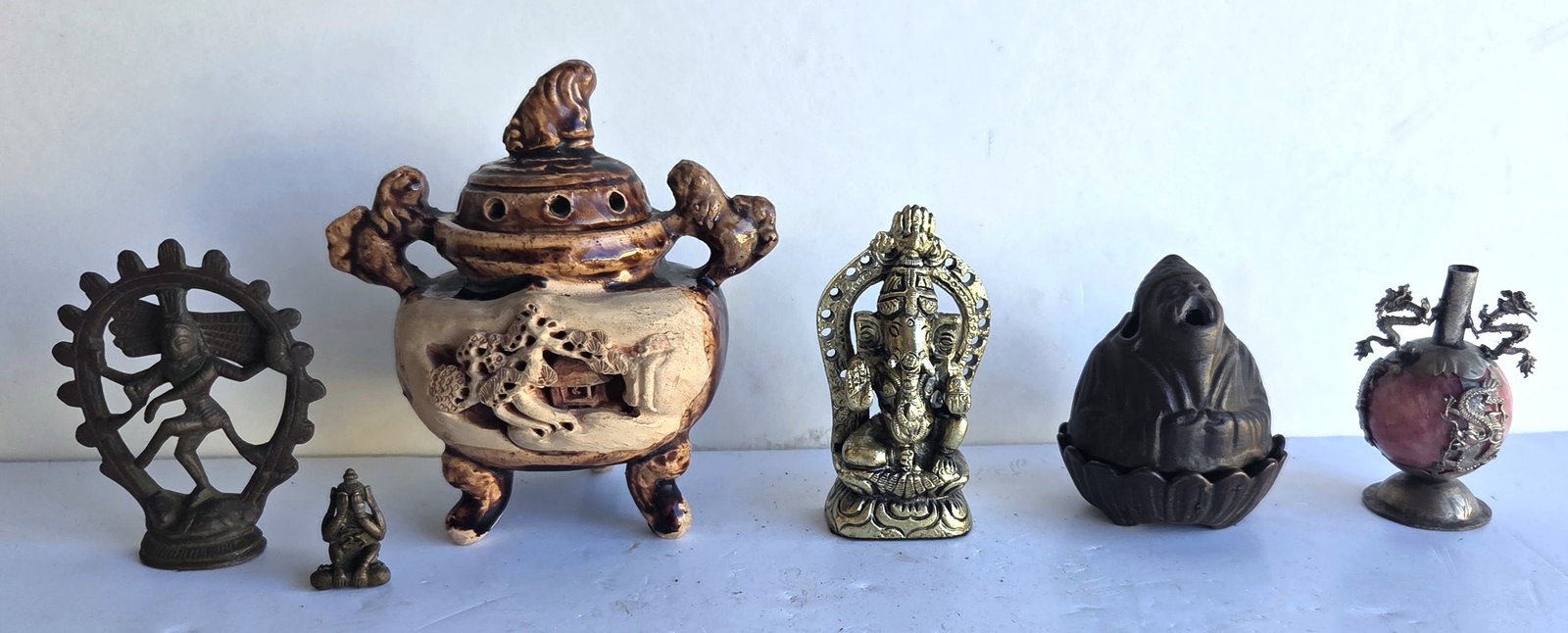 Estate Find Lot 6 Asian Objects Chinese Japanese Indian Ceramic Bronze Pottery Etc: Estate Find Lot 6 Asian Objects Chinese Japanese Indian Ceramic Bronze Pottery Etc. Pottery incense burner is marked Made in Japan and measures 5.75 X 5 X 3.5 inches. Smallest figure has an illegible 