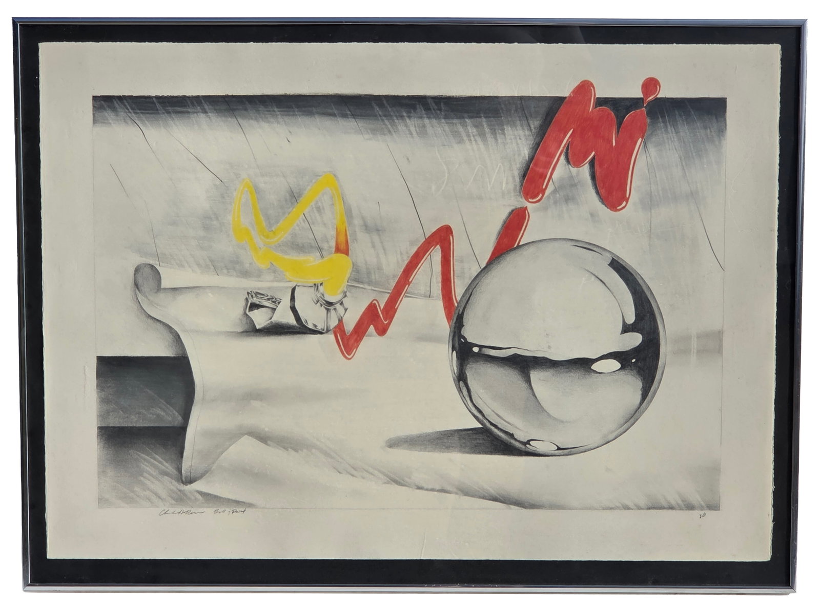 Vintage Ball and Paint Drawing Painting 20 X 28.25 inches: Vintage Ball and Paint Drawing Painting. Float mounted sheet measures 20 X 28.25 inches. Frame measures 22.25 X 30.25 X 1 inches. Signed and titled lower right. Numbered or dated 80 lower left.Provena