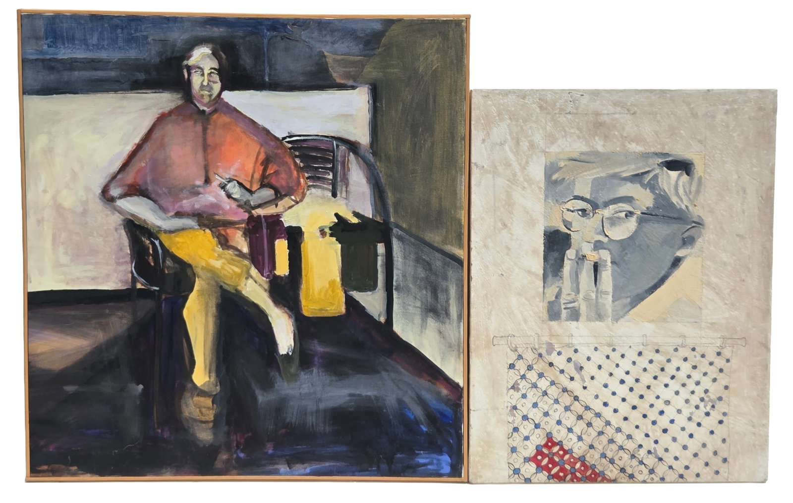 Lot 2 Male Figures Smoking Oil Paintings on Canvas: Lot of 2 Male Figures Smoking Oil Paintings on Canvas. PLEASE SEE SHIPPING BELOW. Larger painting is not signed but is dedicated To Janet and Eric Allen Love Johnny 1997 canvas verso. Stretchers measu
