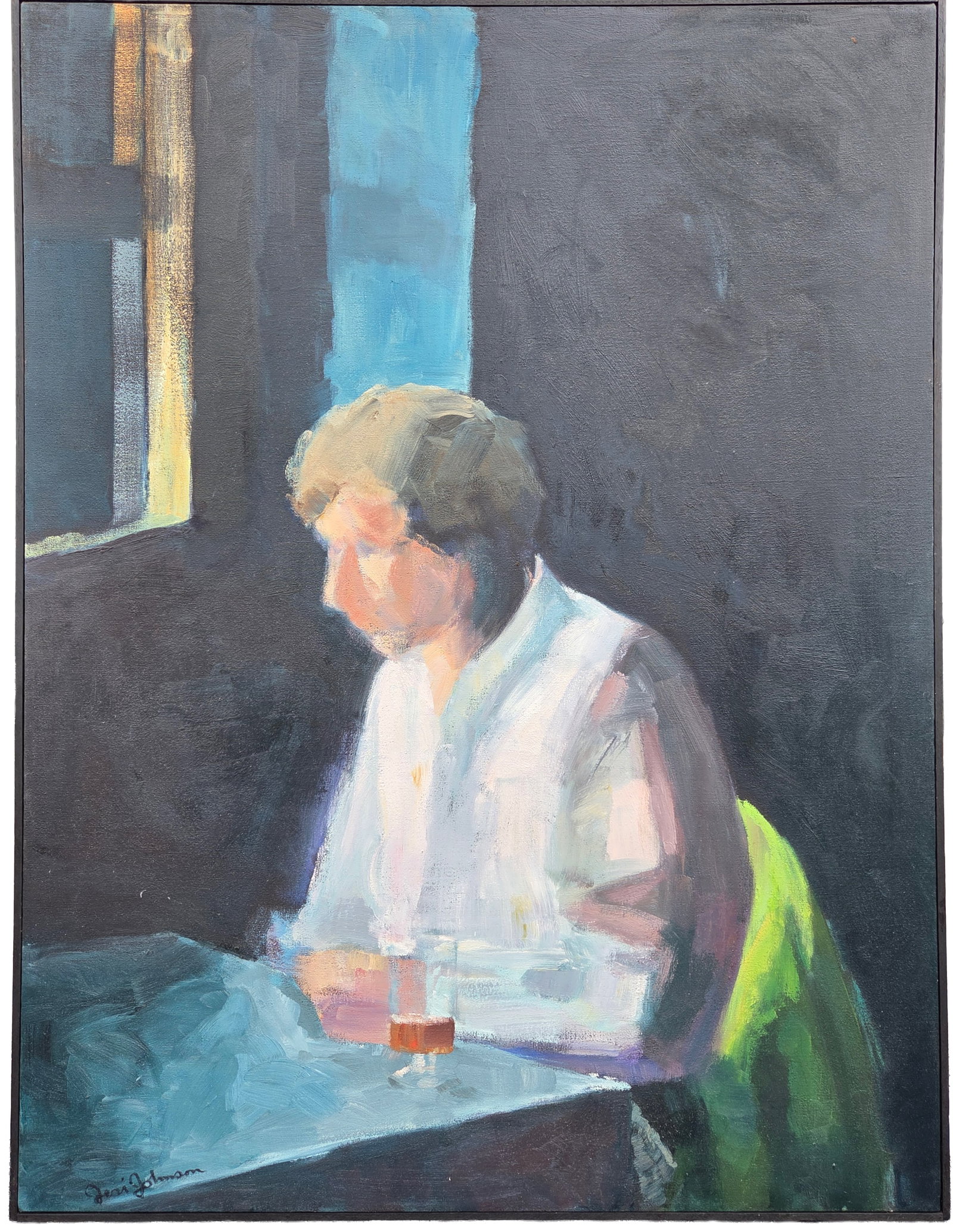 Jeri Johnson Signed Florida Artist Figure Oil Painting on Canvas 42 X 32 inches: Jeri Johnson Signed Florida Artist Figure Oil Painting on Canvas 42 X 32 inches. PLEASE SEE SHIPPING BELOW. Frame measures 43 X 33 X 1.5 inches. Signed lower leftProvenance: Property of a family trust