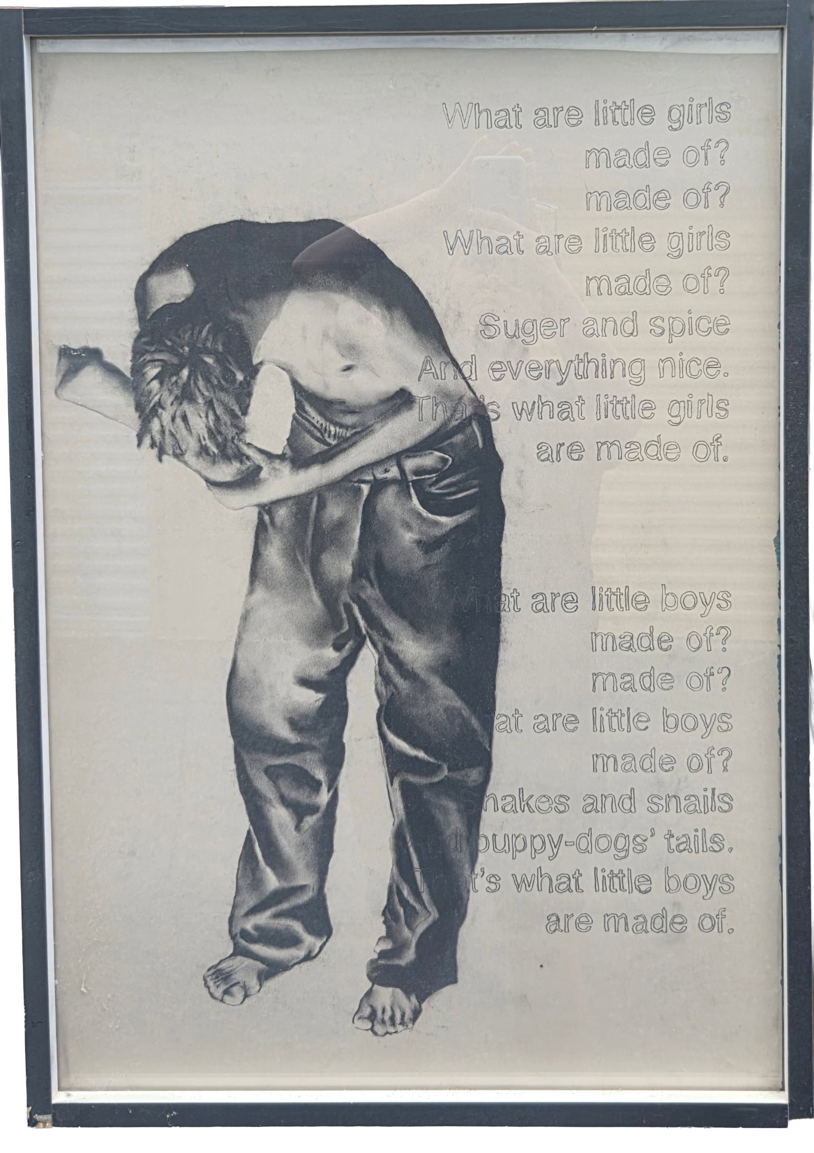 What are Little Girls and Boys Made of Figure Drawing Mystery Artist 29.5 X 20.5 inches Site Line: What are Little Girls and Boys Made of Figure Drawing Mystery Artist 29.5 X 20.5 inches Site Line. PLEASE SEE SHIPPING BELOW. Frame measures 31 X 22 X 1.5 inches. Unsigned.Provenance: Property of a fa