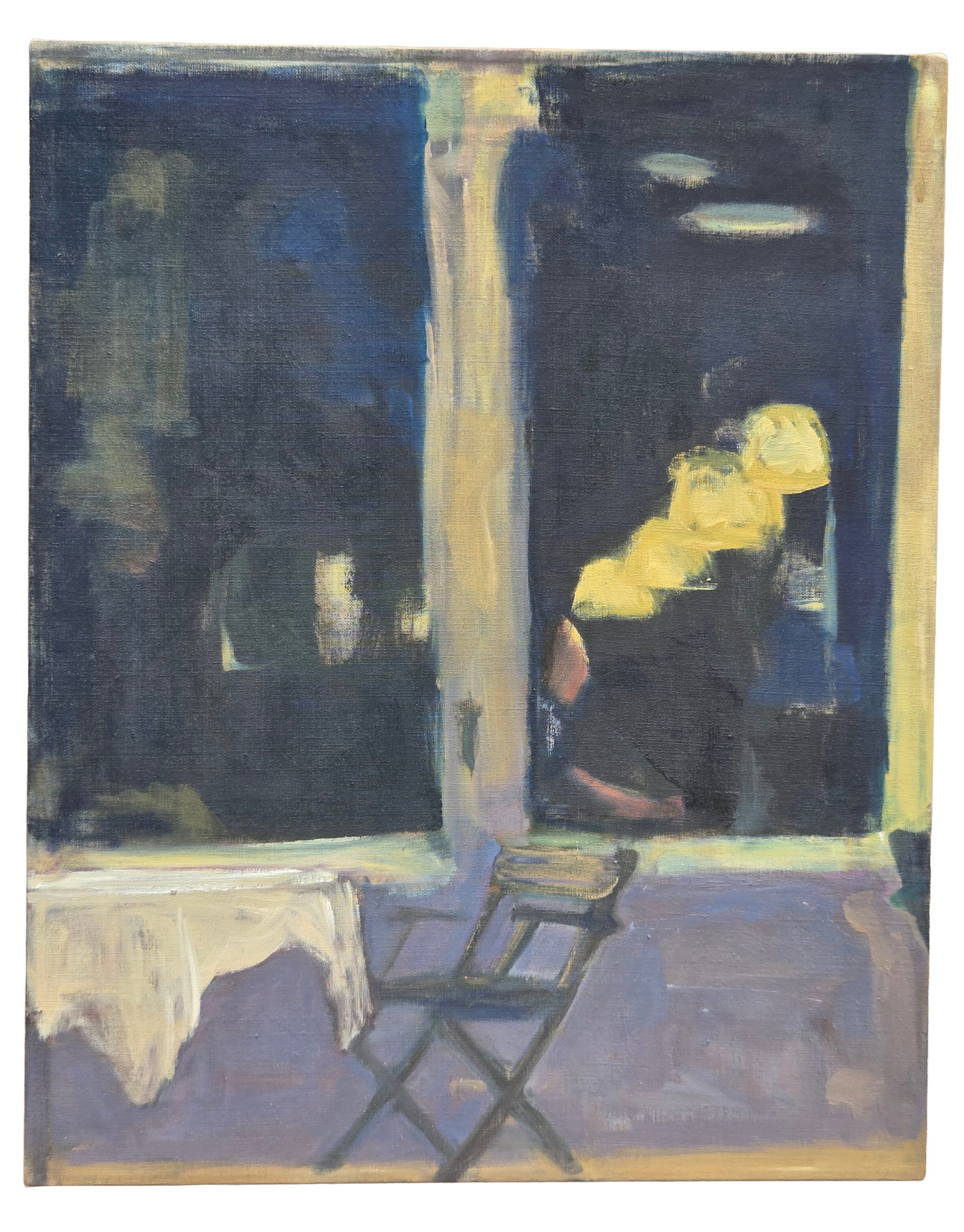 Jeri Johnson Signed Porch Chair Oil Painting on Canvas 30 X 24 X 1.25 inches: Jeri Johnson Signed Porch Chair OIl Painting on Raw Canvas 30 X 24 X 1.25 inches. PLEASE SEE SHIPPING BELOW. Unframed. Signed and titled Grinzing/Live Music but Quiet on stretchers verso. Provenance: 