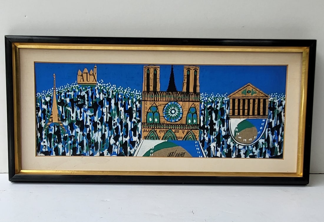 Mystery Paris Notre Dame Gouache Painting And Collage On Canvas Or Linen Signed Illegibly Montmartre: Mystery Paris Notre Dame Gouache Painting And Collage On Canvas Or Linen Signed Illegibly Montmartre School MCM Mid Century Modern New York Label, 9.5 X 21 inches unstretched and unmounted, backed wit