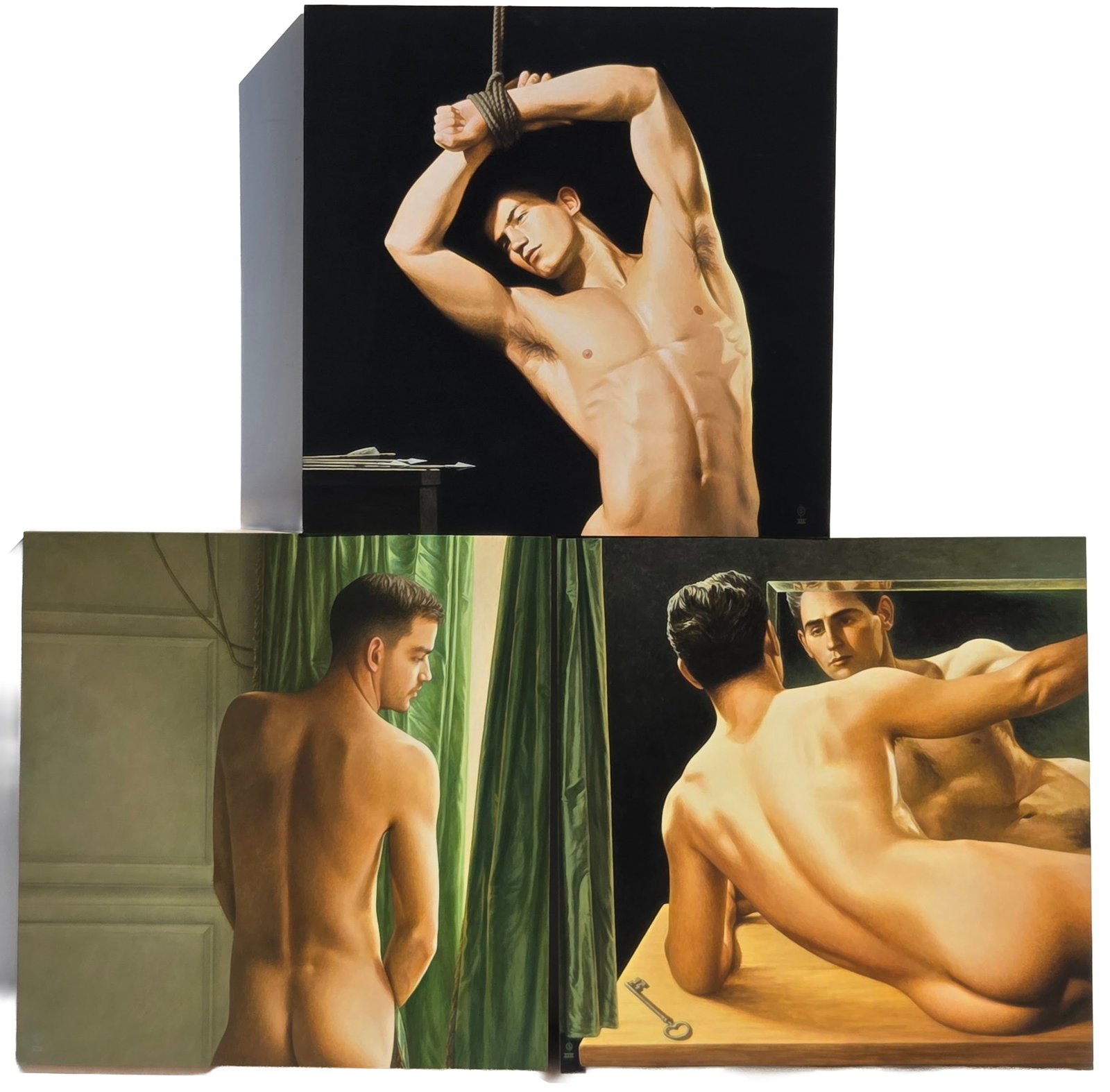 Lot 3 Stephen ODonnell Male Nude Acrylic Paintings on 16 X 16 inch Panels Each Froelick Gallery: Lot 3 Stephen ODonnell Male Nude Acrylic Paintings on 16 X 16 inch Panels Each Froelick Gallery Labels. Each has monogram signature. Each has Froelick Gallery label verso. Provenance: Property of a fa