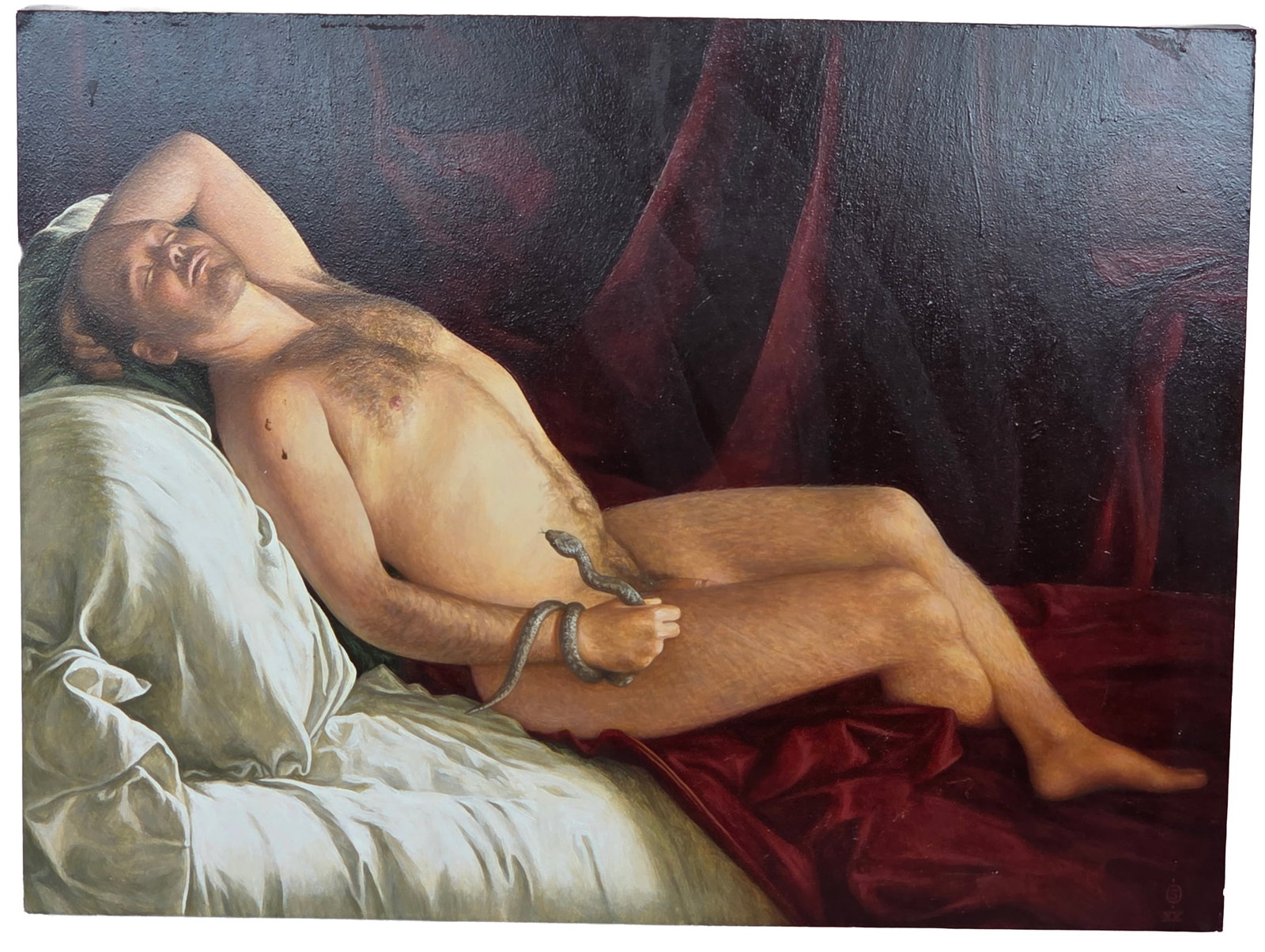 Stephen ODonnell Reclining Nude Male with Snake Acrylic Painting on Panel 12 X 16 inches Froelick: Stephen ODonnell Reclining Nude Male with Snake Acrylic Painting on Panel 12 X 16 inches. Monogram signature with XX for 2020 date lower right. Froelick Gallery label verso.Provenance: Property of a f