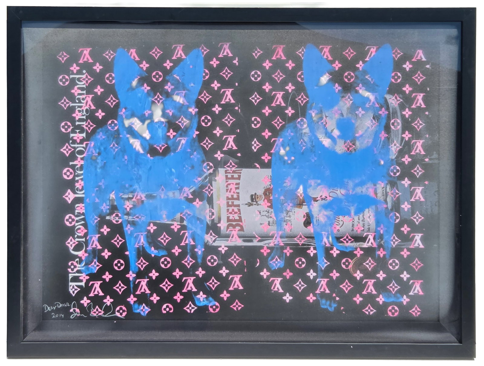 Large Louis Vuitton Beefeater Dogs Print 2014 Signed Illegibly 32.5 X 46 inches Site Line: Large Louis Vuitton Beefeater Dogs Print 2014 Signed Illegibly 32.5 X 46 inches Site Line. PLEASE SEE SHIPPING BELOW. Frame measures 40.5 X 54 X 1.5 inches. Signed and dated 2014 lower left. Inscribed
