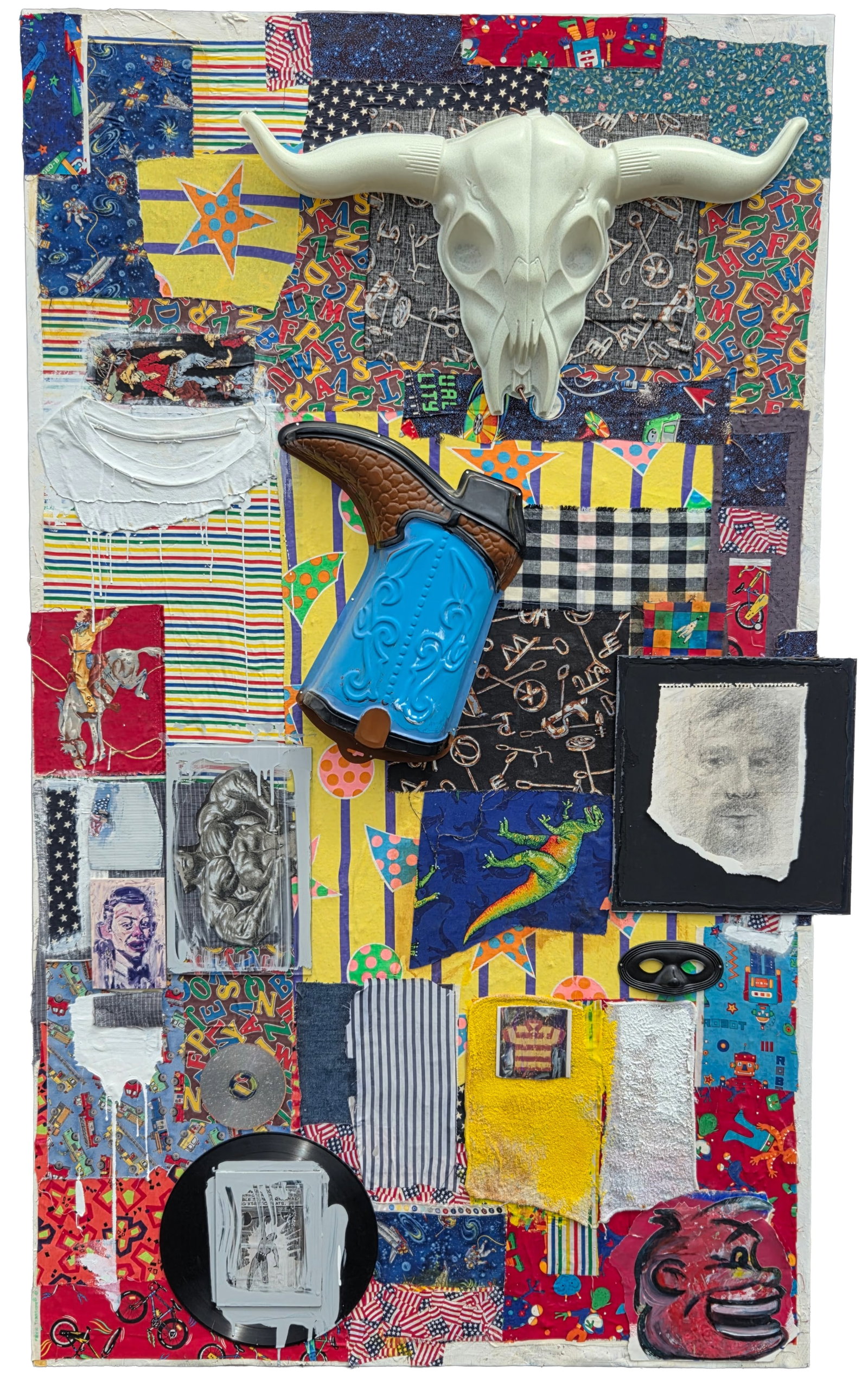 James Michaels Signed Large Mixed Media Cowboy 3D Collage 72 X 42.25 X 1.75 inches: James Michaels Signed Large Mixed Media Cowboy 3D Collage 72 X 42.25 X 1.75 inches. PLEASE SEE SHIPPING BELOW. Signed on portrait sketch lower center right. Provenance: Property of a family trust of a