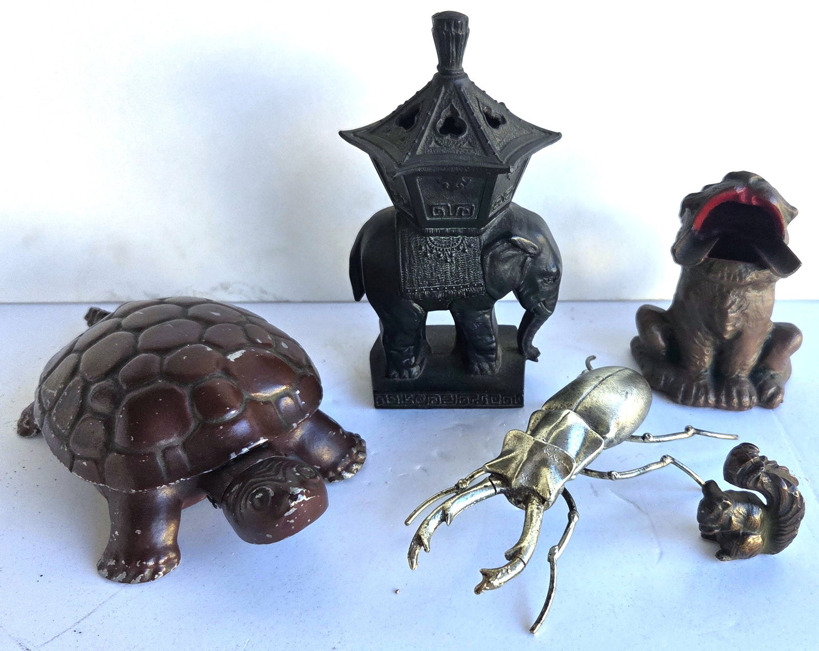 Estate Animal Menagerie Lot Bronze Squirrel Patinated Metal Cat Ashtray Elephant Incense Burner (1 of 6)