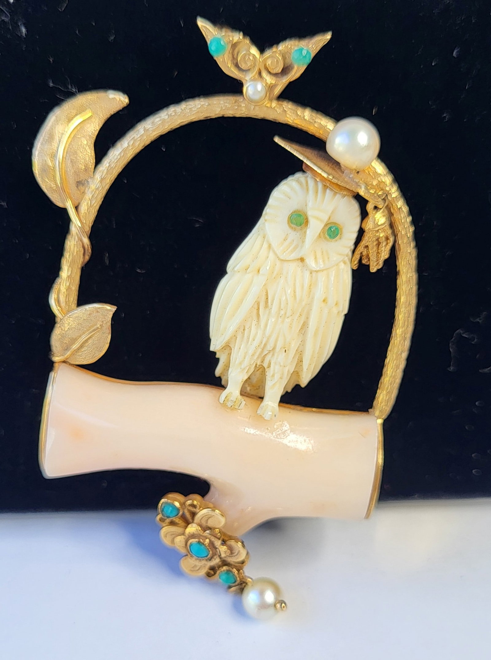 Ultimate Hollywood Regency Chinoiserie Retro Pendant For Necklace 14K Gold Coral Pearl Turquoise: Ultimate Hollywood Regency Chinoiserie Retro Pendant For Necklace 14K Gold Coral Pearl Turquoise Carved Owl 21g 13.4dwt Total Weight 3 X 1.75 Inch Tour De Force, stamped 14K yellow gold. There is a co