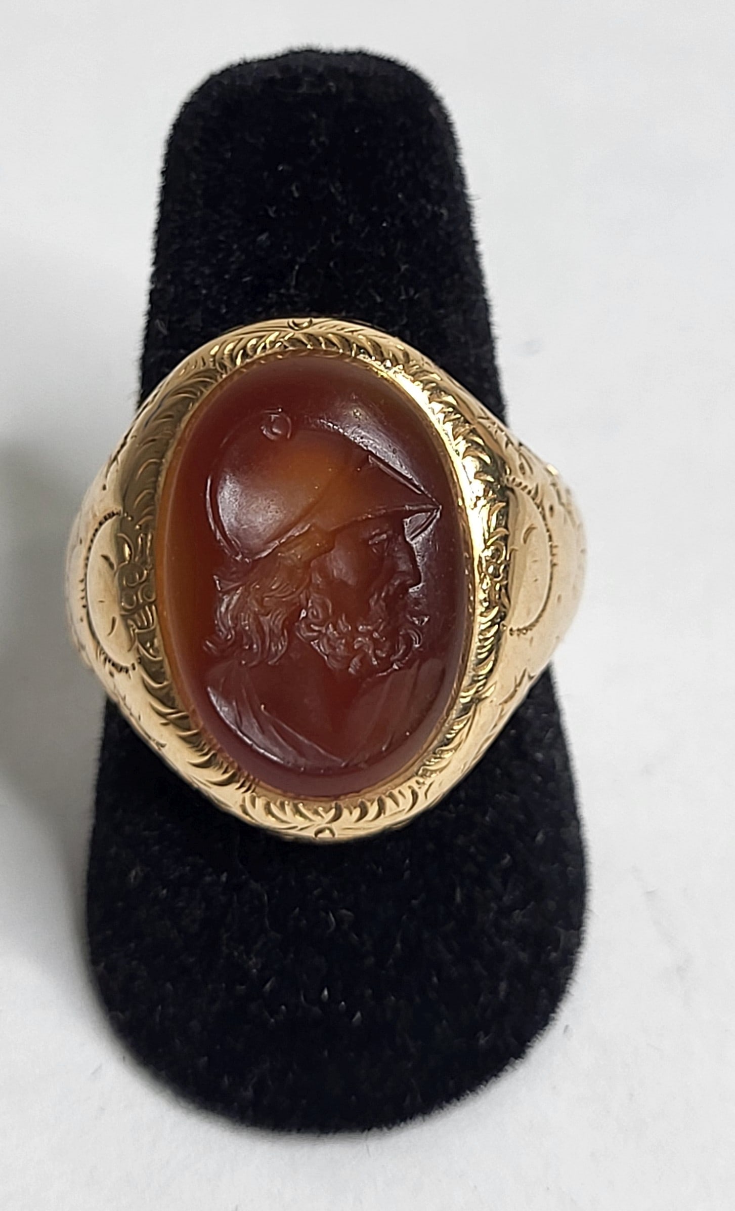 Victorian 1887 14K Intaglio Portrait Carnelian Ring 10.2 Tg 6.6 Tdwt Aprx Size 7: Victorian 1887 14K Intaglio Portrait Carnelian Ring 10.2 Tg 6.6 Tdwt Aprx Size 7, interior is engraved A. M. D. to A. H. D. Decr 1887. Note this was recorded as 14K gold however it is unmarked and wil