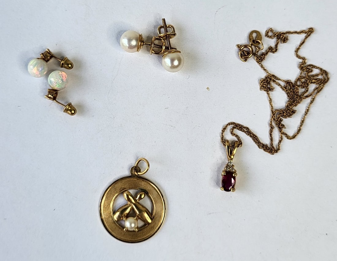Estate Gold Bowling Charm Opal Pearl Earrings Ruby Diamond Pendant Chain Aprx 3 Dwt (1 of 2)