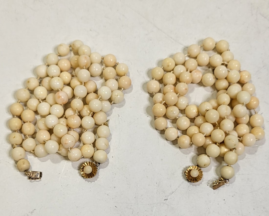 Pair 29.5 Inch Coral Bead 14K Gold Clasp Individually Knotted Carved Beads Necklace Strands 125 TWg (1 of 2)