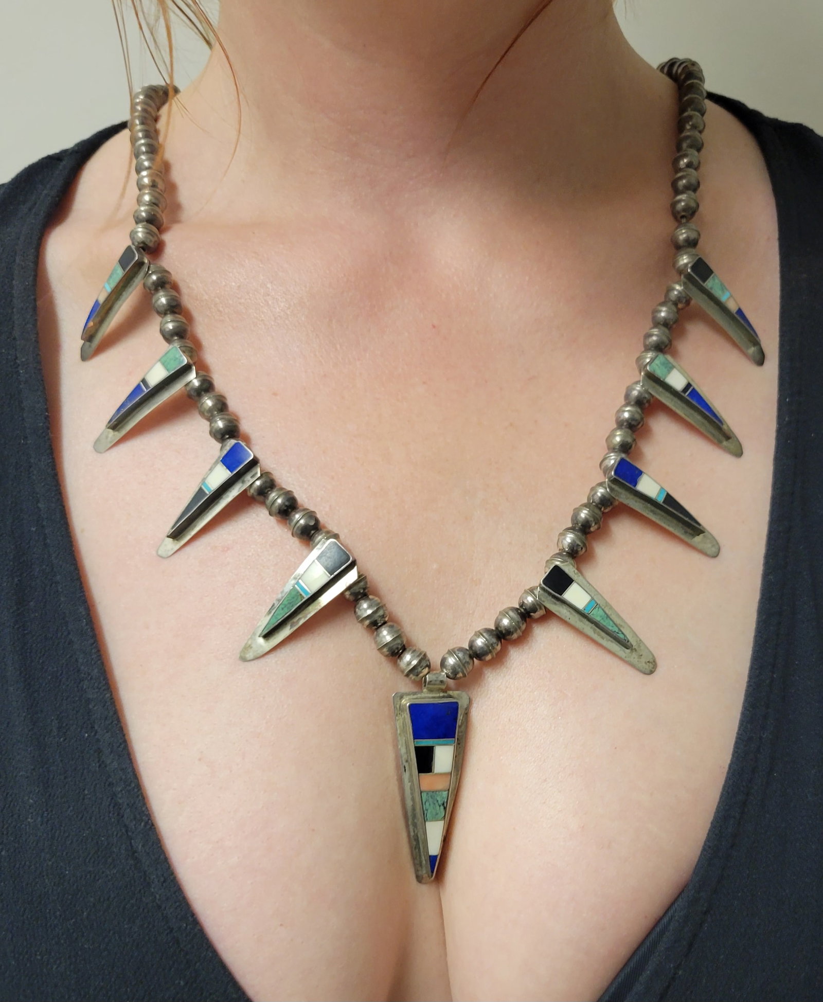 Signed Yazzie Native American Navajo Inlaid Hardstone Sterling Silver Pendant Bead Necklace Vintage: Signed Yazzie Native American Navajo Inlaid Hardstone Sterling Silver Pendant Bead Necklace Vintage 41 Tg, 26 inches, signed Yazzie and marked Sterling on each pendant piece, necklace and beads are un