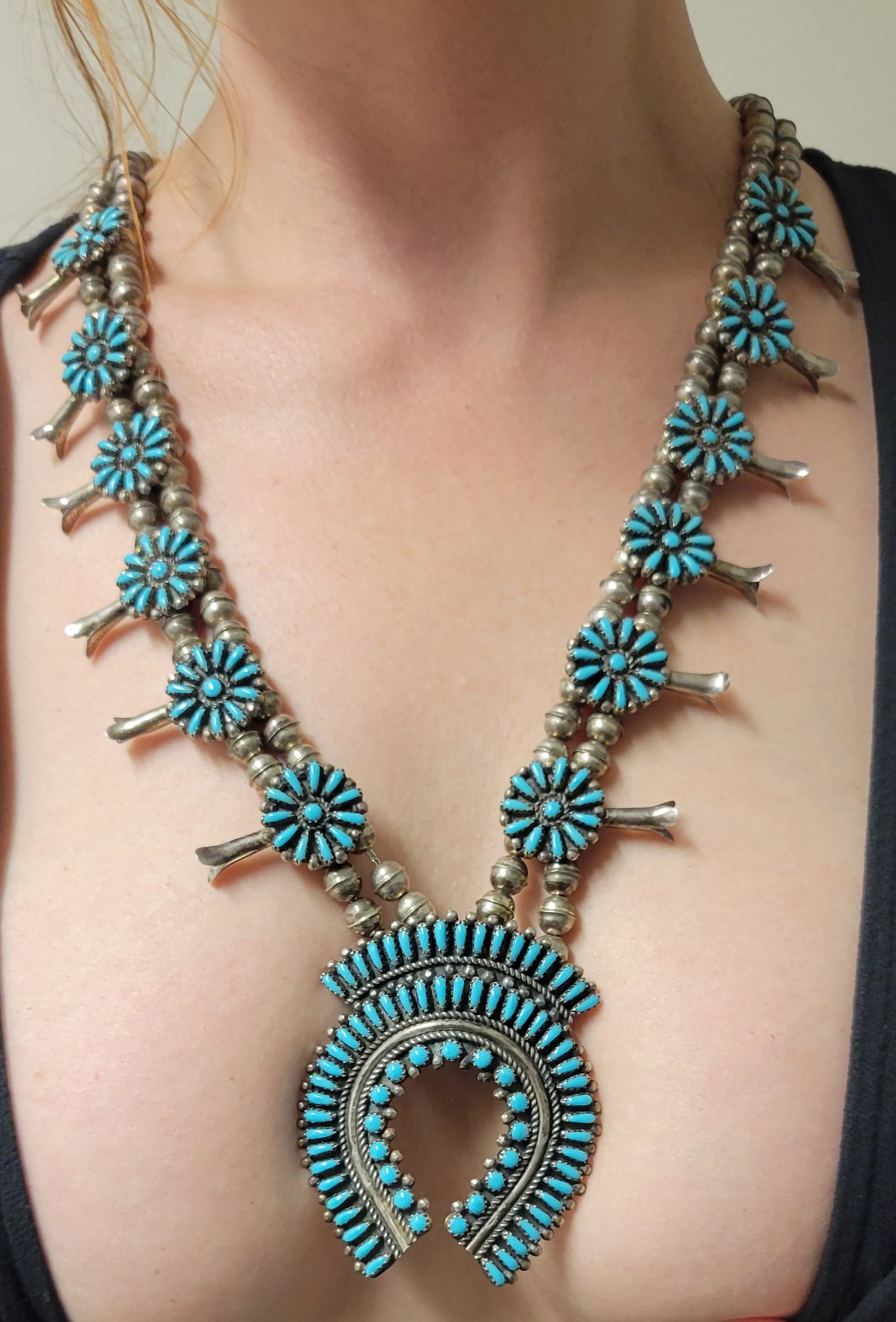 Native American Silver Turquoise Vintage Squash Blossom Necklace 26 Inches 104 Tg (1 of 1)