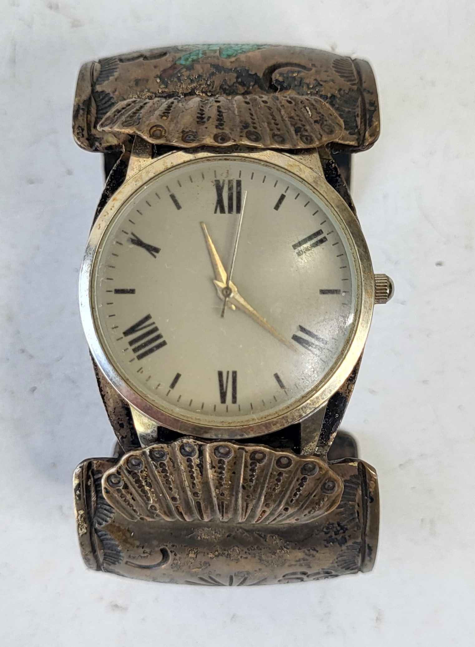 Tommy Singer Navajo Turquoise Coral Chip Native American Silver Cuff Bangle Watch Bracelet 3.2 Tozt: Tommy Singer Navajo Turquoise Coral Chip Native American Silver Cuff Bangle Watch Bracelet 3.2 Tozt 1.5 Inches Wide 2.6 X 1.6 Aprx Interior Opening, signed with S over TC, artist hallmark to the