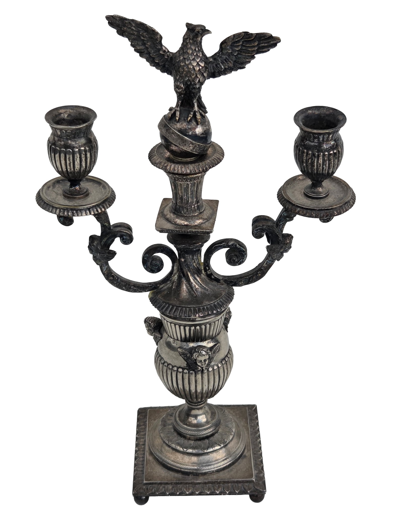 Eagle Finial Silver Plated Two Light Candelabra Candleholder 14 inches Tall: Eagle Finial Silver Plated Two Light Candelabra Candleholder. 14 inches tall, 8.5 inches wide, base measures 4 X 4 inches.Provenance: Property of a family trust of a Tampa Bay executive with ties to C