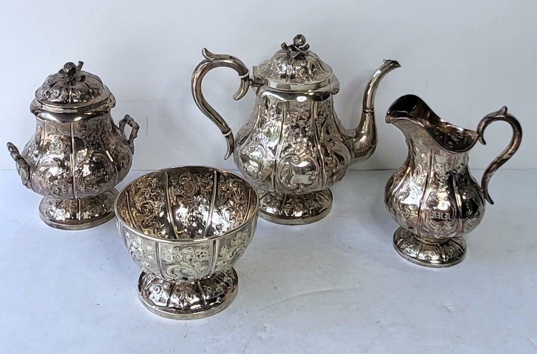 Antique Boston Jones Ball Poor Coin Silver Repousse 4 Pc Tea Set 71 Tozt Massachusetts Victorian Era: Antique Boston Jones Ball Poor Coin Silver Repousse 4 Pc Tea Set 71 Tozt Massachusetts Victorian Era Silversmiths, comprises a teapot, cream pitcher, lidded handled sugar bowl and a pedestal waste, al