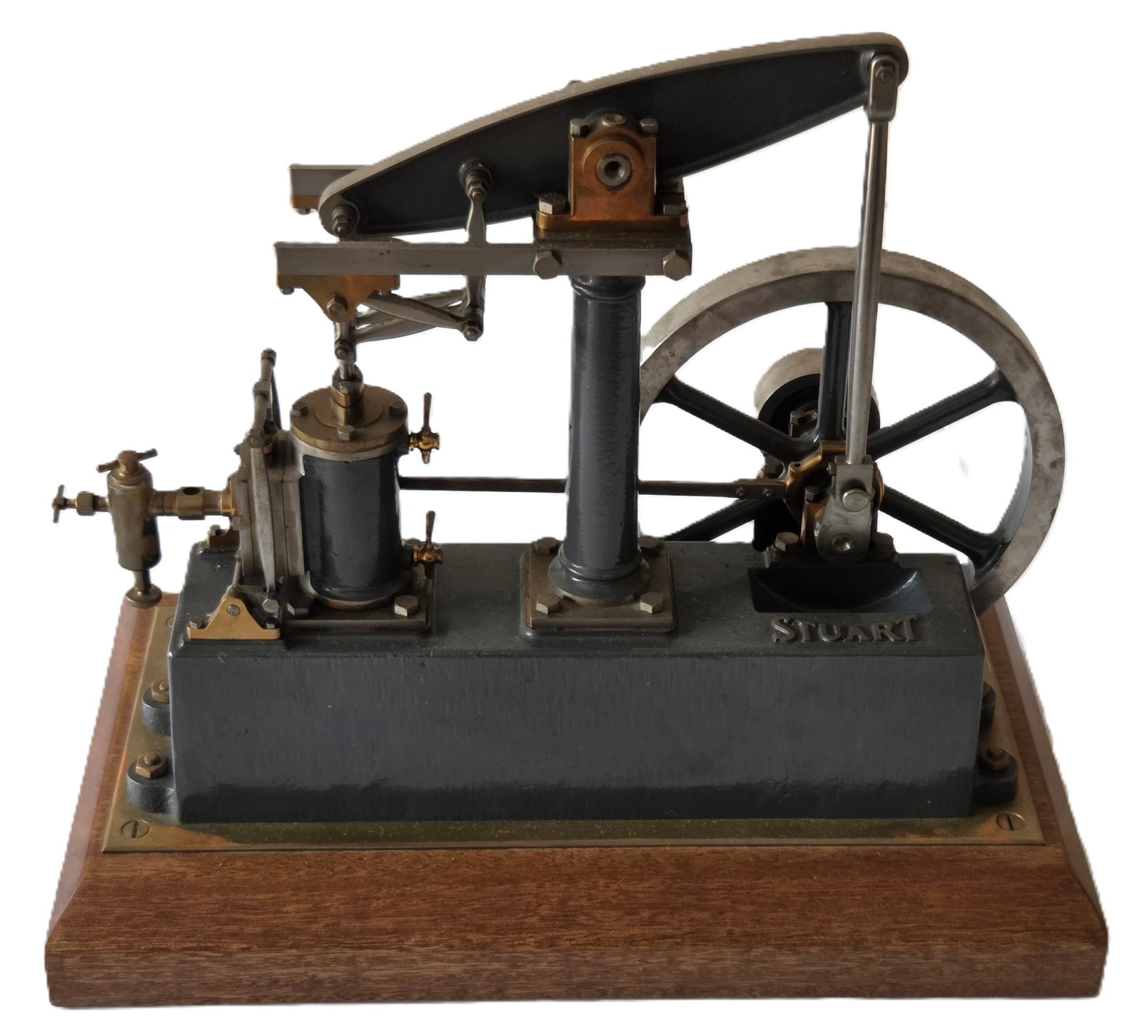 Stuart Turner Walking Beam Model Steam Engine: Stuart Turner Walking Beam Model Steam Engine. Measures 8.5 X 15 inches and 14 inches tall. Provenance: Property of a Florida Gulf Coast funeral industry professional who in their spare time and