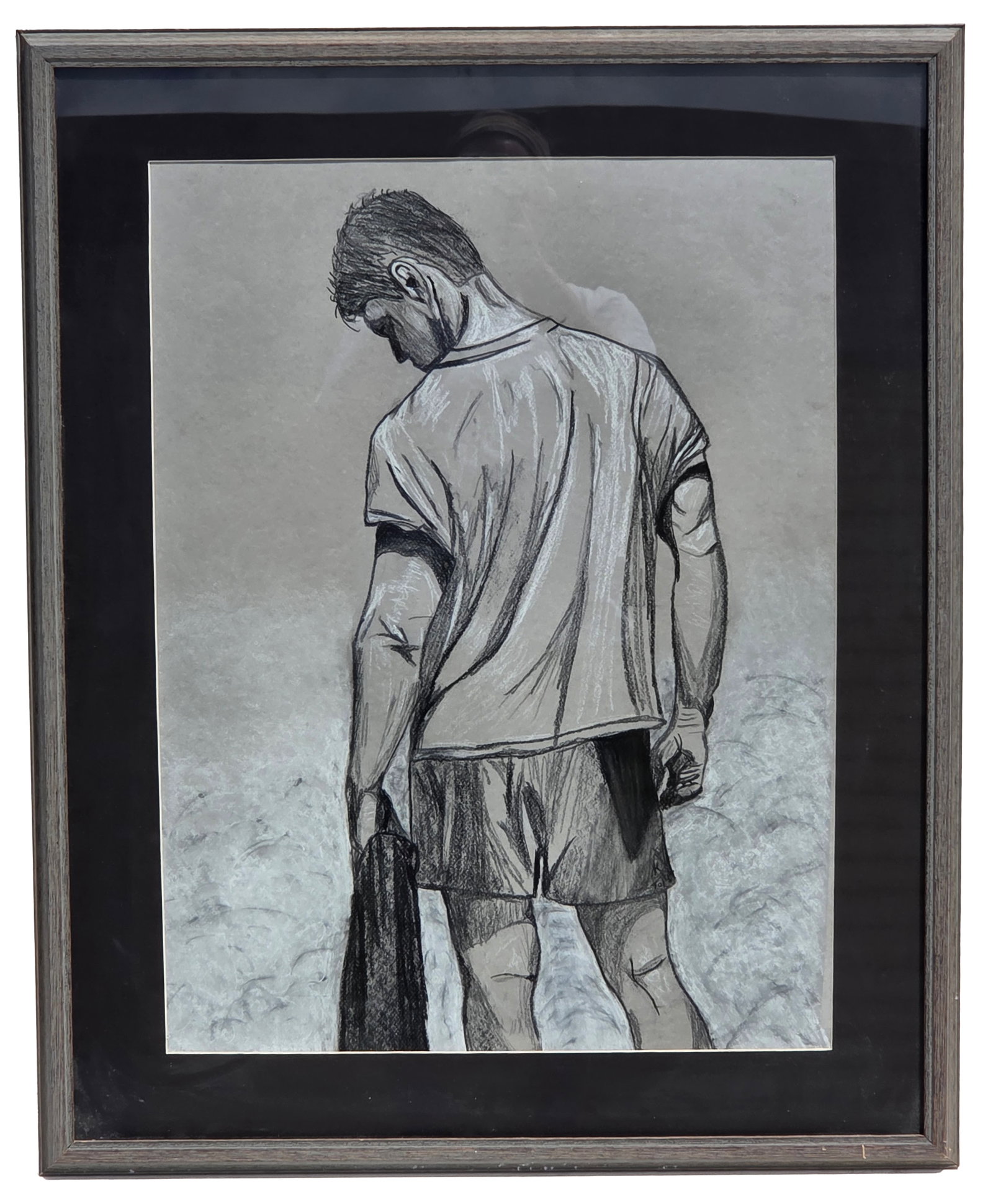 Male Figure Standing Conte Crayon Drawing Painting 24.75 X 18.25 inches Site Line: Male Figure Standing Conte Crayon Drawing Painting 24.75 X 18.25 inches Site Line. PLEASE SEE SHIPPING BELOW. Frame measures 32 X 26 X 1.25 inches. Unsigned. Has label verso.Provenance: Property of a 