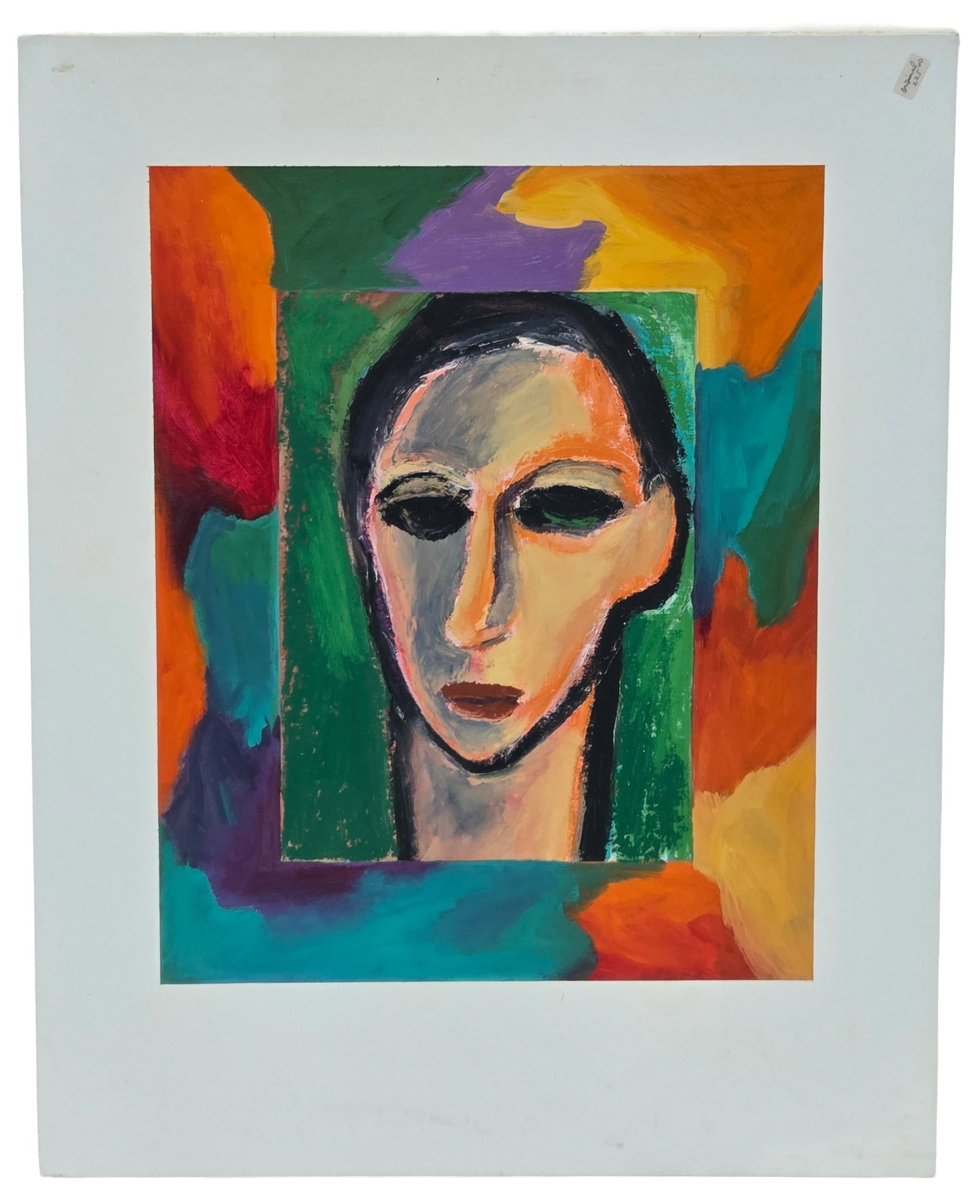 Hatsue Miki Abstract Portrait Oil Painting on Canvas Board: Hatsue Miki Abstract Portrait Oil Painting on Canvas Board. Painted portion measures 20 X 15.75 inches. Canvas board measures 28 X 22 inches. Canvas board is adhered to foamcore. Unsigned. Comes with 