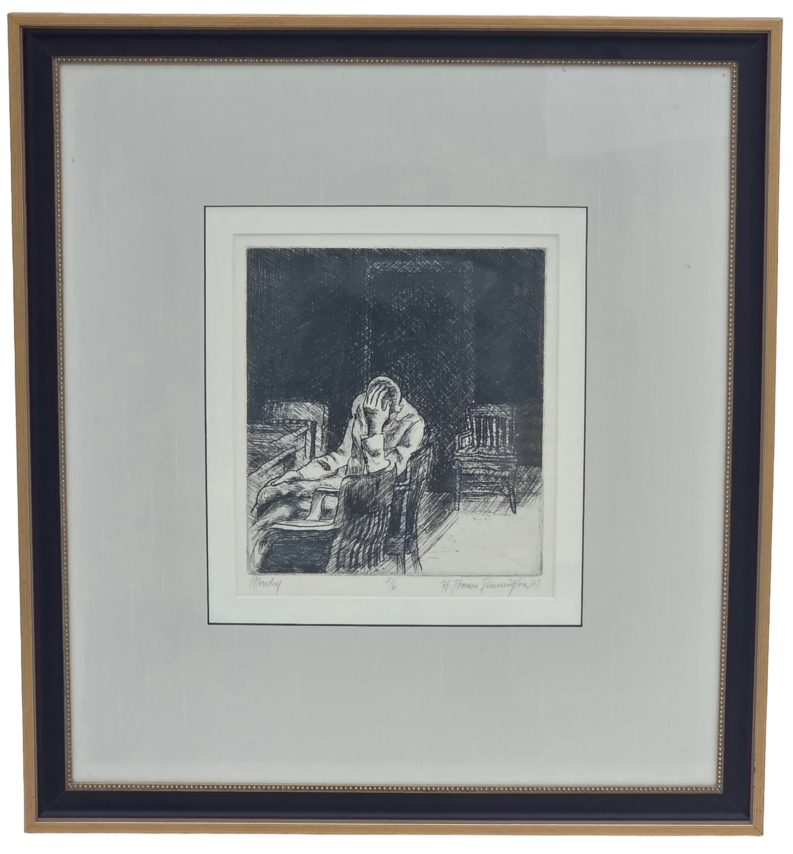 H Thomas Dennington 1967 Monday Male Figure Etching: H Thomas Dennington 1967 Monday Male Figure Etching. Signed and dated 67 lower right. Numbered 2/6 lower center. Titled Monday lower left.Provenance: Property of a family trust of a Tampa Bay executiv