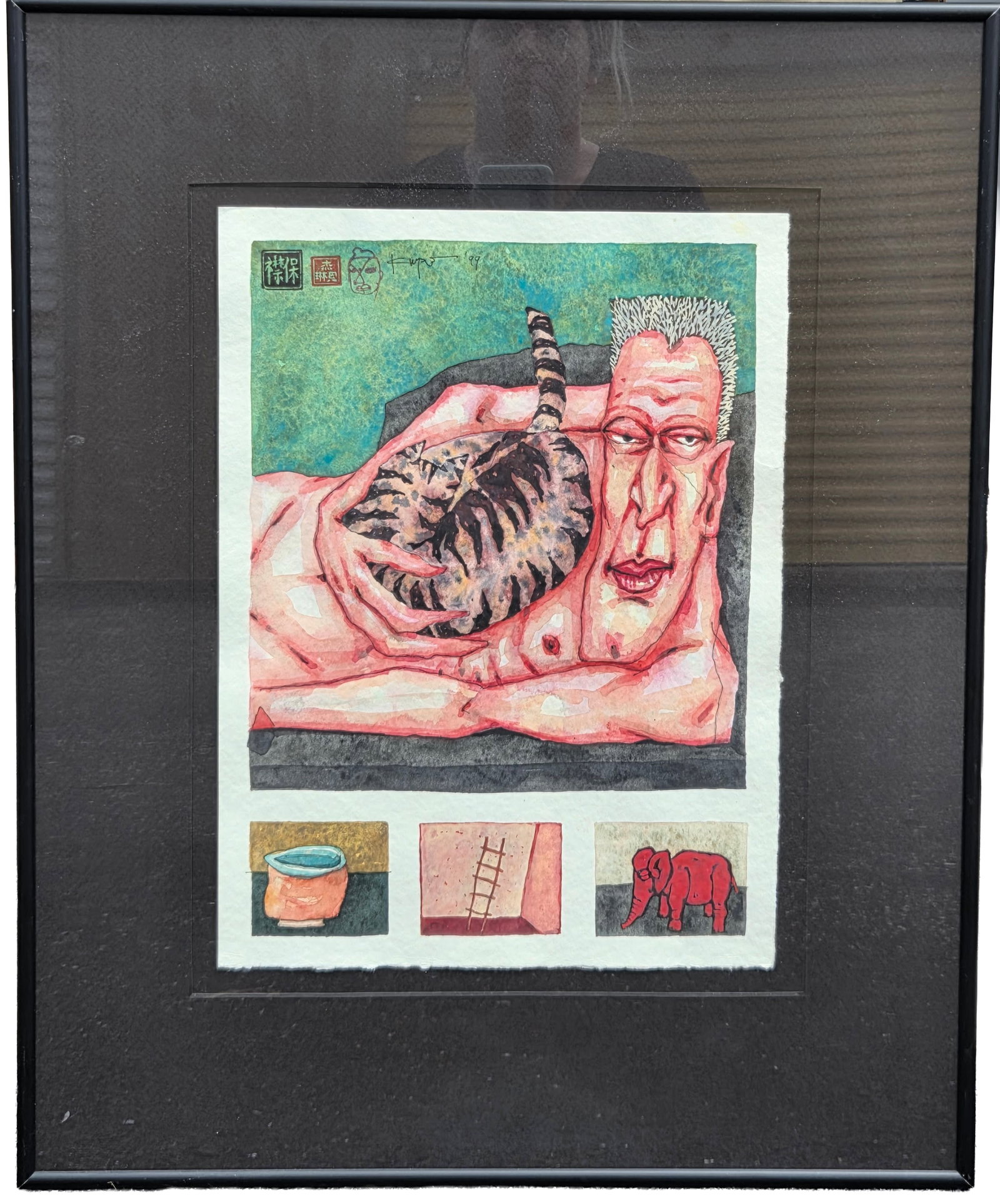 Kemper Signed Stamped Watercolor Painting Man with Cat 15 X 11 inches Sheet: Kemper Signed Stamped Watercolor Painting Man with Cat Float Mounted sheet measures 15 X 11 inches. PLEASE SEE SHIPPING BELOW. Frame measures 24 X 19 X 1 inches. Signed, stamped and dated 99 upper lef