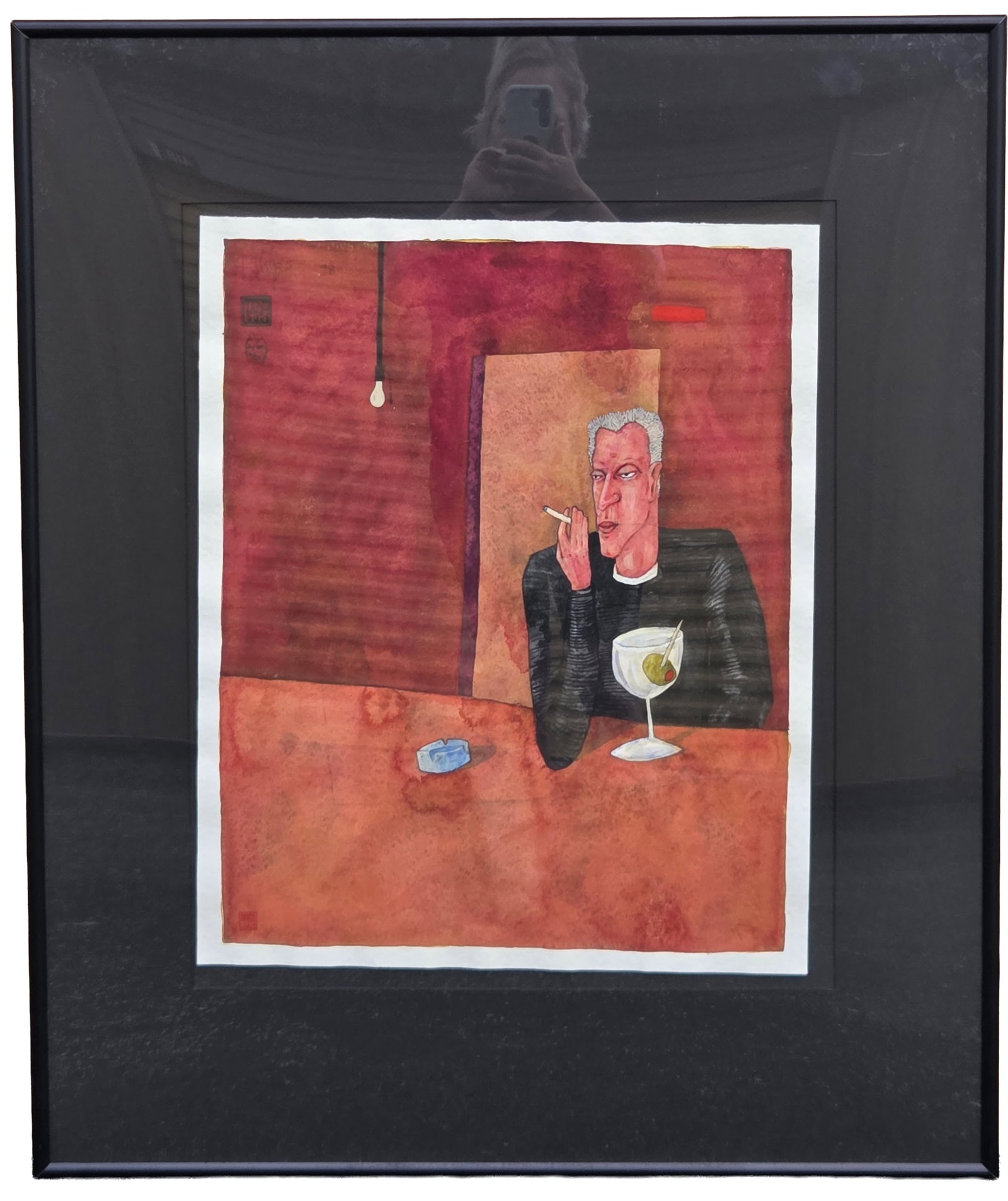 Michael Kemper Signed Stamped Watercolor Painting Man Martini 23.25 X 19 inches Sheet: Michael Kemper Signed Stamped Watercolor Painting Man Martini 23.25 X 19 inches Sheet. PLEASE SEE SHIPPING BELOW. Sheet is float mounted, frame measures 36.5 X 30.5 X 1.5 inches. Signed, dated 98 and 