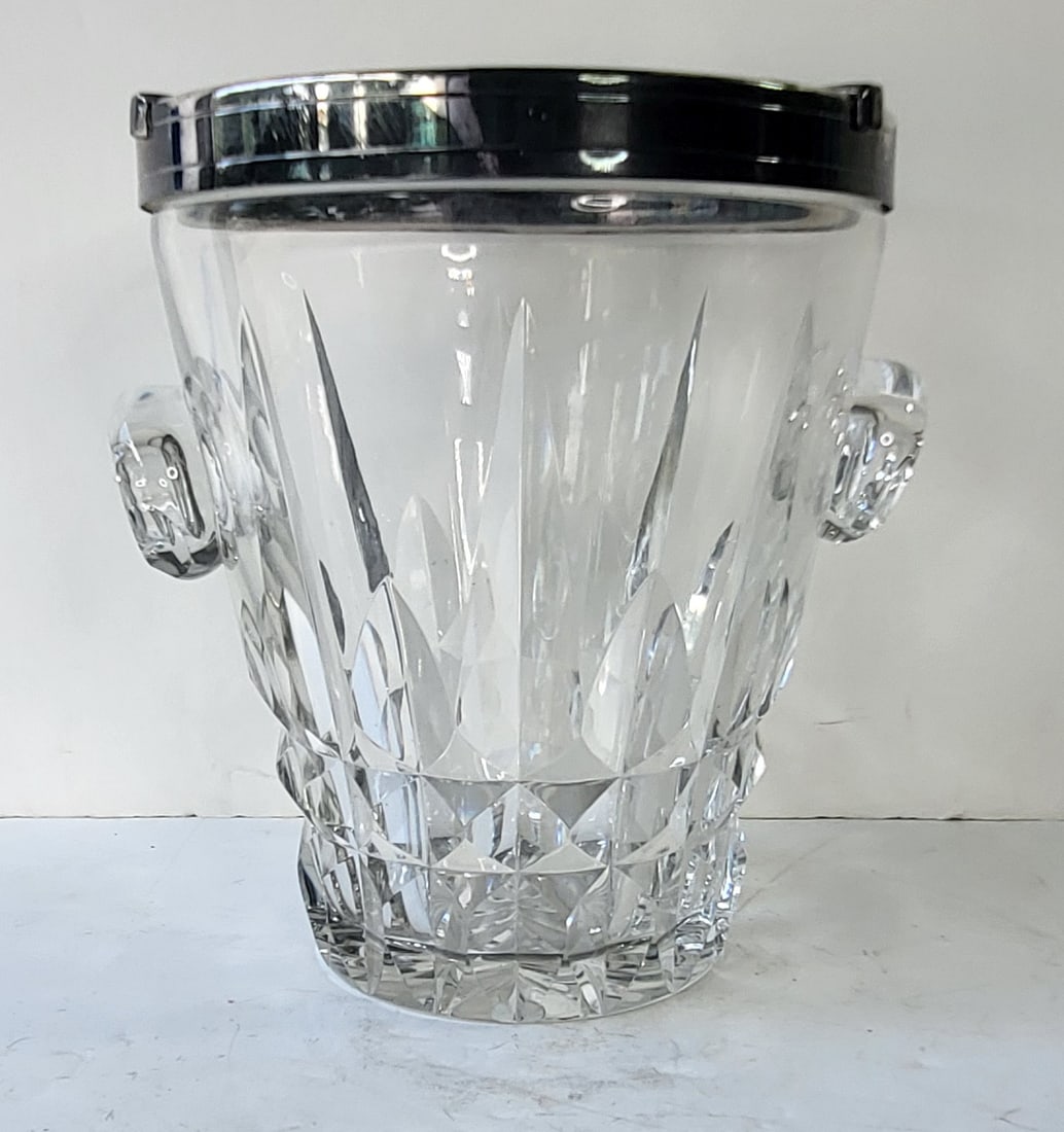 Large Heavy Vintage Double Signed Crystal Glass Silverplate Handled Ice Bucket 9.125 X 8.5 X 7.8: Large Heavy Vintage Double Signed Crystal Glass Silverplate Handled Ice Bucket 9.125 X 8.5 X 7.8 Inches, etched illegible round stamp somewhat in the manner of Baccarat but unknown together with two s