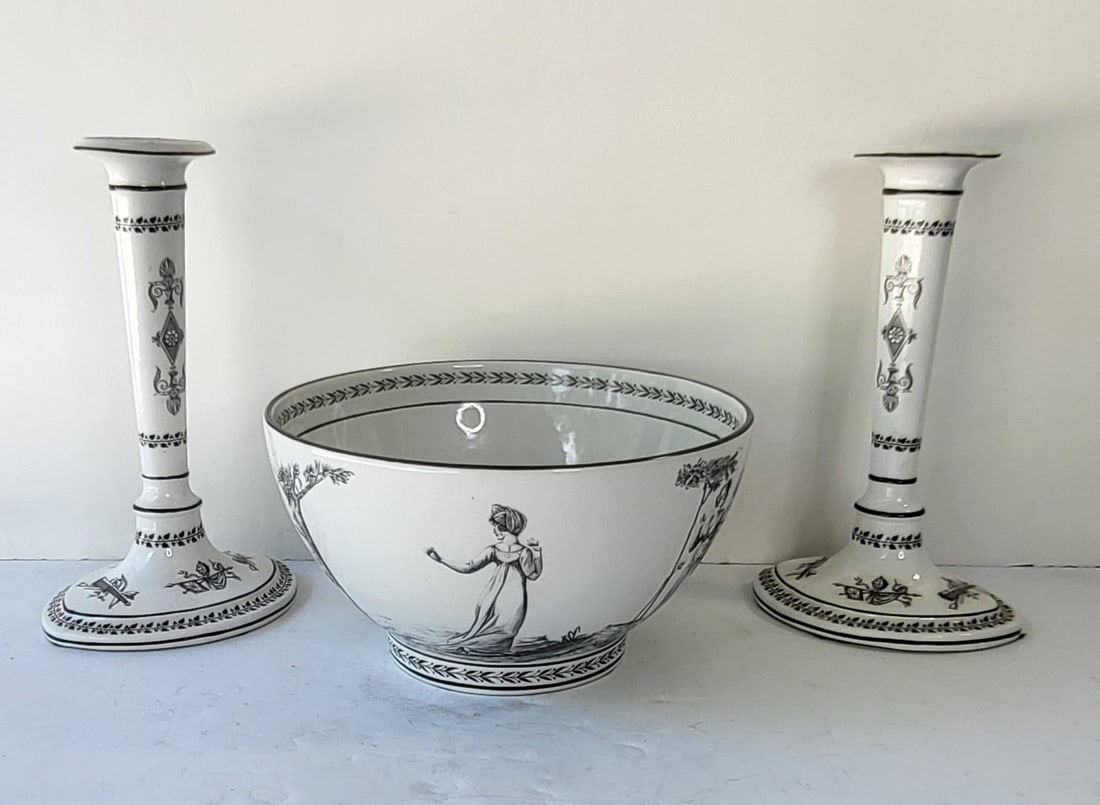 Lot 3 Mottahedeh Italy Classical Women Centerpiece Pottery Bowl Plus Pair Hepplewhite Revival: Lot 3 Mottahedeh Italy Classical Women Centerpiece Pottery Bowl Plus Pair Hepplewhite Revival Associated Candlesticks, bowl measures 5 inches high, 9.375 inches diameter, candlesticks 9.5 inches high,