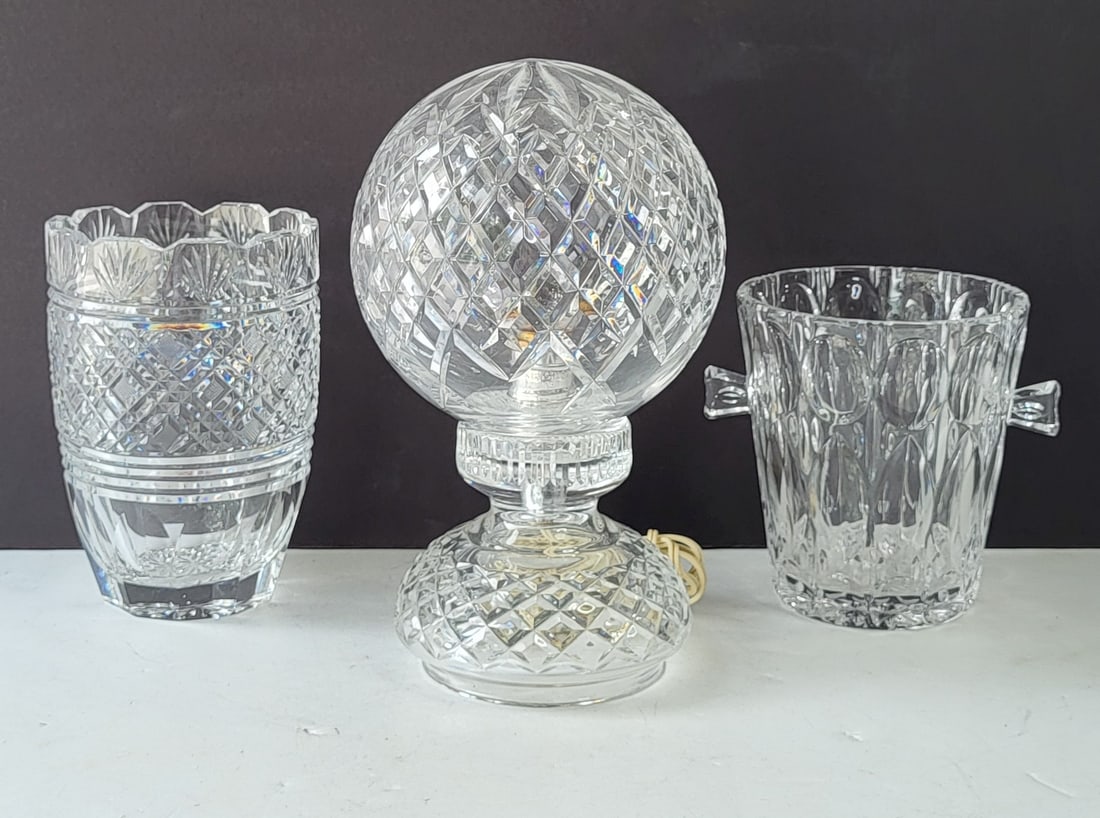 Lot 3 Pcs Crystal Glass Incl Waterford Globe Desk Lamp Plus Ice Bucket And Heavy Vase 6.5 To 11.5: Lot 3 Pcs Crystal Glass Incl Waterford Globe Desk Lamp Plus Ice Bucket And Heavy Vase 6.5 To 11.5 Inches High, Waterford lamp with etched stamp, other two unsigned and unidentified. See condition repo