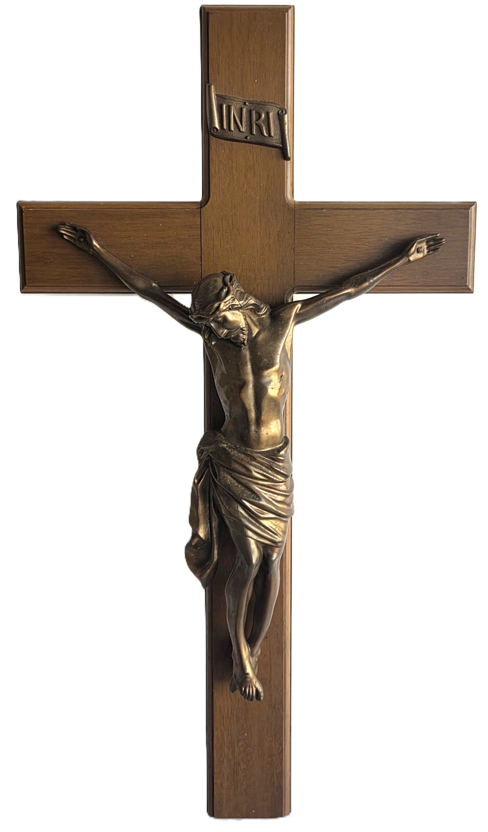 Extra Large Wall Vintage Crucifix Bronze Patinated Metal and Wood 30 X 16.5 X 3.75 inches: Extra Large Wall Vintage Crucifix Bronze Patinated Metal and Wood 30 X 16.5 X 3.75 inches. Provenance: Property of a Florida Gulf Coast funeral industry professional who in their spare time and later 