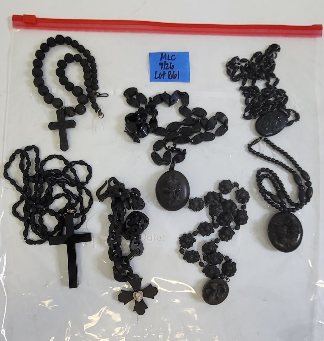 Estate Costume Jewelry Lot 6 Victorian Vulcanite And Or Possibly Jet Or Plastic Necklaces With: Estate Costume Jewelry Lot 6 Victorian Vulcanite And Or Possibly Jet Or Plastic Necklaces With Pendants One of An Incredible 150 Lots. Most of the costume jewelry descriptions in this collection are b