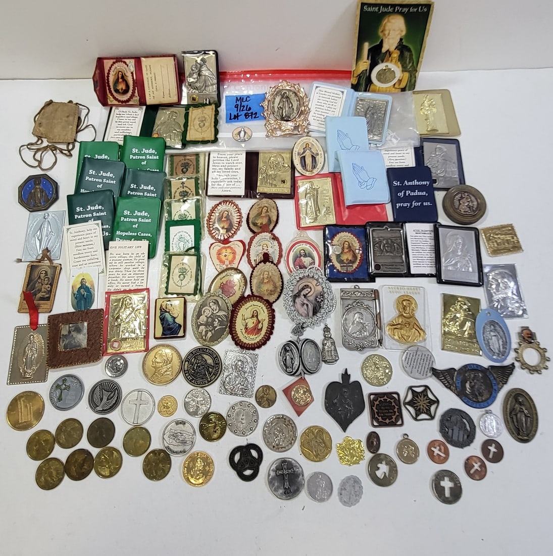 Estate Costume Jewelry 80 Pc Vintage Christian Incl Catholic Church Tokens Medals Medallions Pocket: Estate Costume Jewelry One 80 Pc Vintage Christian Incl Catholic Church Tokens Medals Medallions Pocket Prayers Religious Charms No Precious Metals One Of An Incredible 150 Lots. Most of the costume j