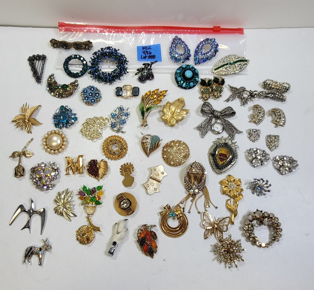 Estate Costume Jewelry 50 Assorted Vintage Brooches Pins Incl 4 Clip Pairs Rhinestones Enamel Coro: Estate Costume Jewelry 50 Assorted Vintage Brooches Pins Incl 4 Clip Pairs Rhinestones Enamel Coro Regency Sarah Coventry Alice Caviness Accessocraft KJL One of An Incredible 150 Lots. Most of the cos