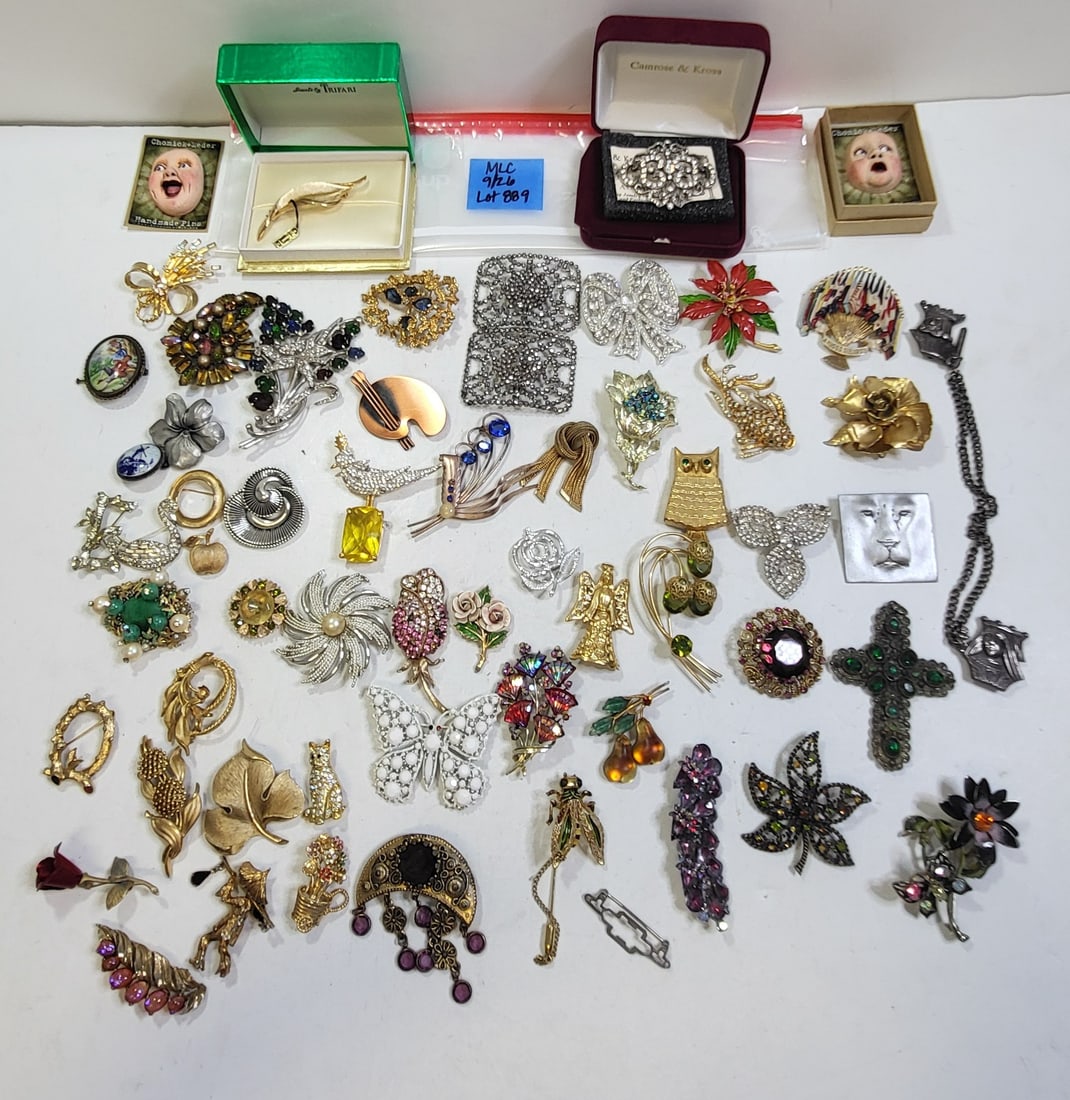 Estate Costume Jewelry 60 Pins Brooches Incl Rhinestone Trifari LW Paris Capri Etc One of An: Estate Costume Jewelry 60 Pins Brooches Incl Rhinestone Trifari LW Paris Capri Etc One of An Incredible 150 Lots. Most of the costume jewelry descriptions in this collection are by photograph without 