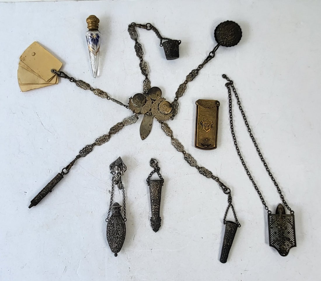 Chatelaine Perfume And Sewing Needle Case Antique Victorian Edwardian Lot: Chatelaine Perfume And Sewing Needle Case Antique Victorian Edwardian Lot, No silver or sterling marks found. Provenance: Property of a Florida Gulf Coast funeral industry professional who in their sp