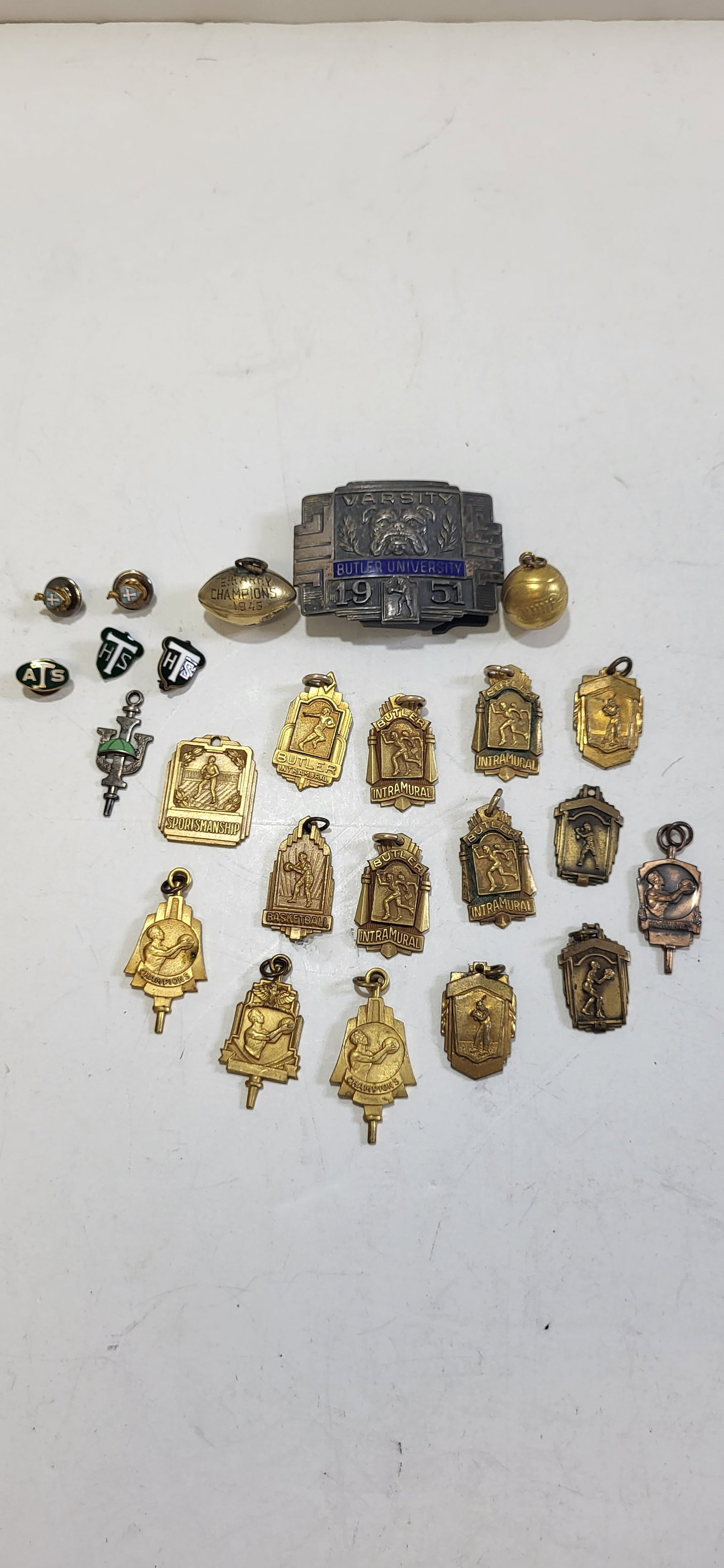 Lot 24 Butler University 1940s 50s Athletic Award Pins Charms Enamel Belt Buckle (1 of 2)