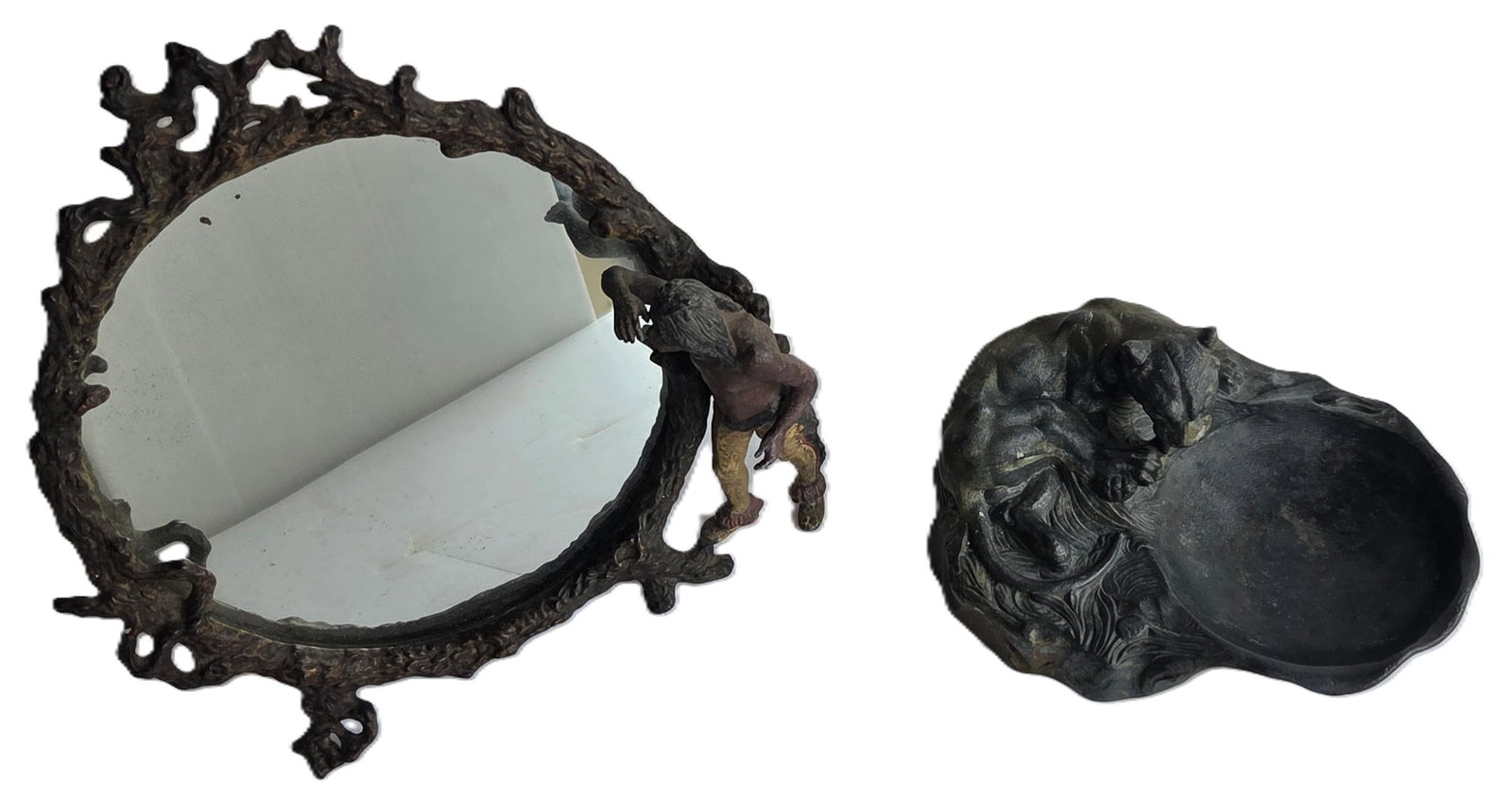 Antique Cold Painted White Metal Native American Rusticated Dresser Mirror with Old Spelter Lioness (1 of 7)